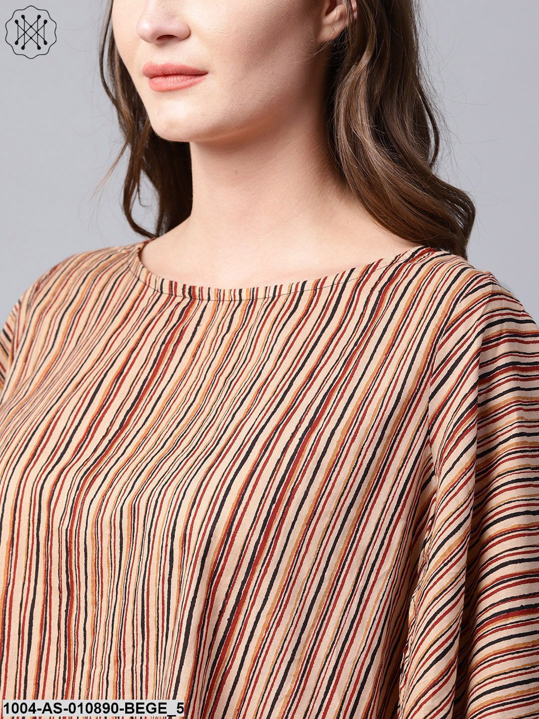 Beige Striped Half Sleeve Low High Cotton Tunics