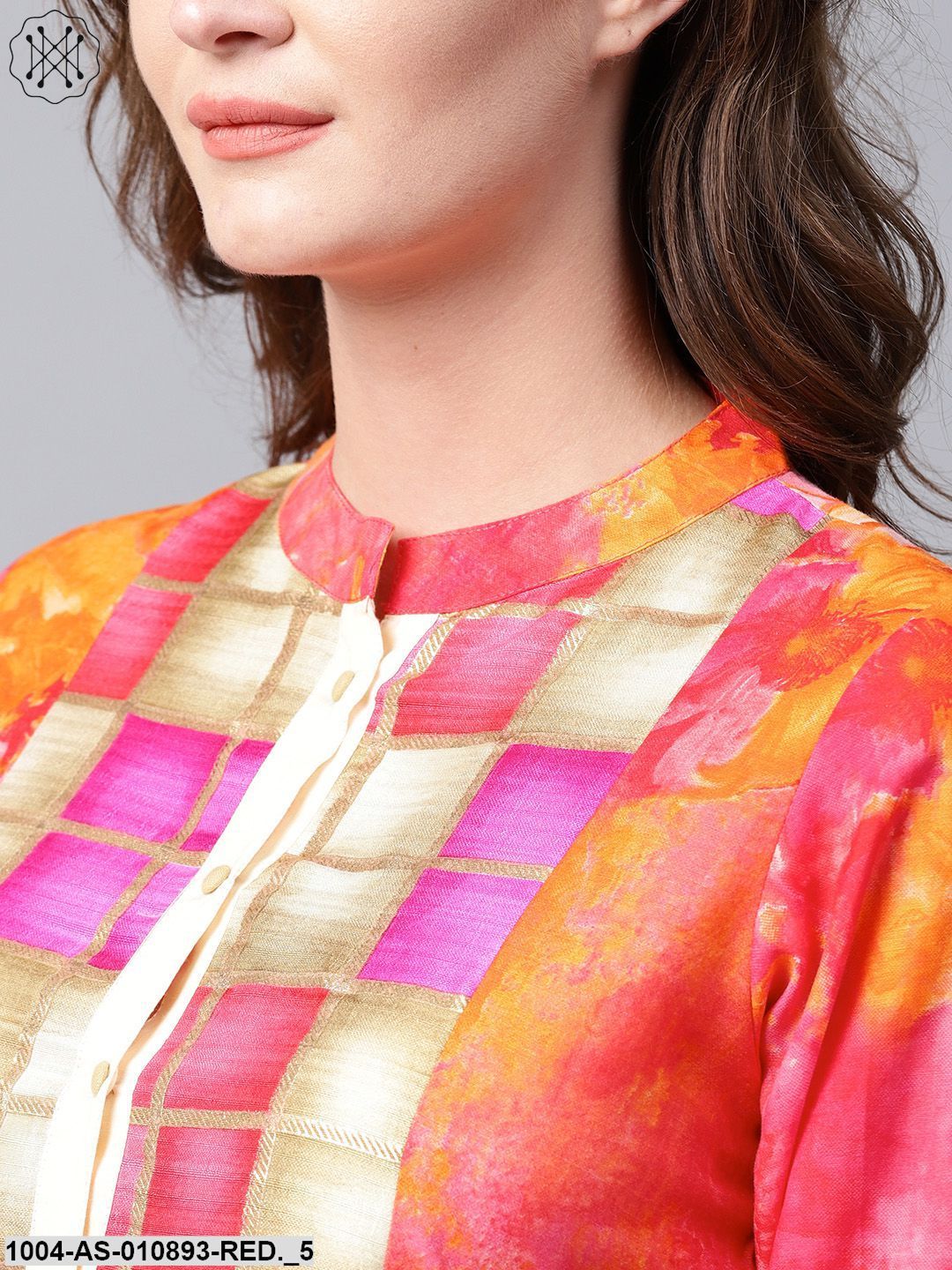 Red Foil Printed 3/4Th Sleeve Cotton Tunic