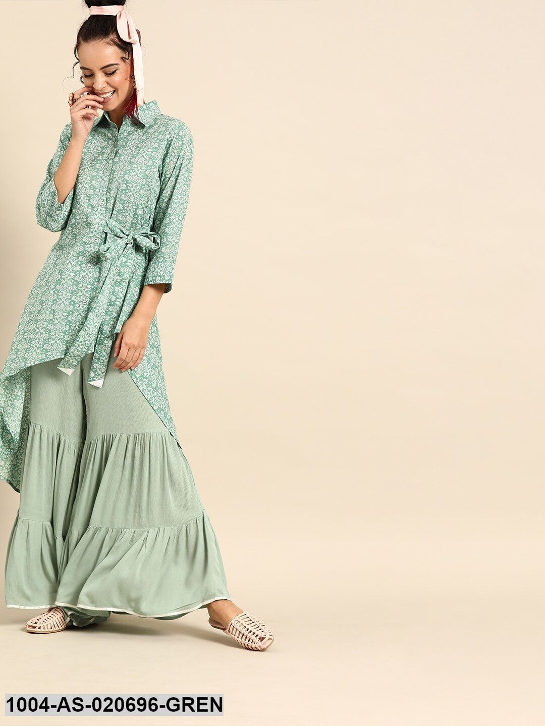 Green & White Printed Tunic