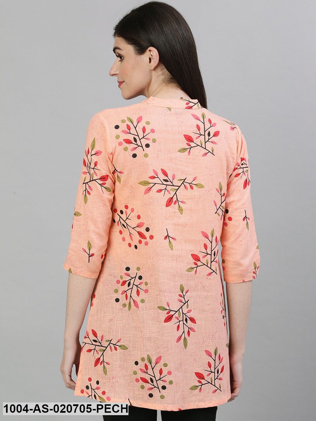 Peach-Colour & Red Printed Cotton A-Line Tunic