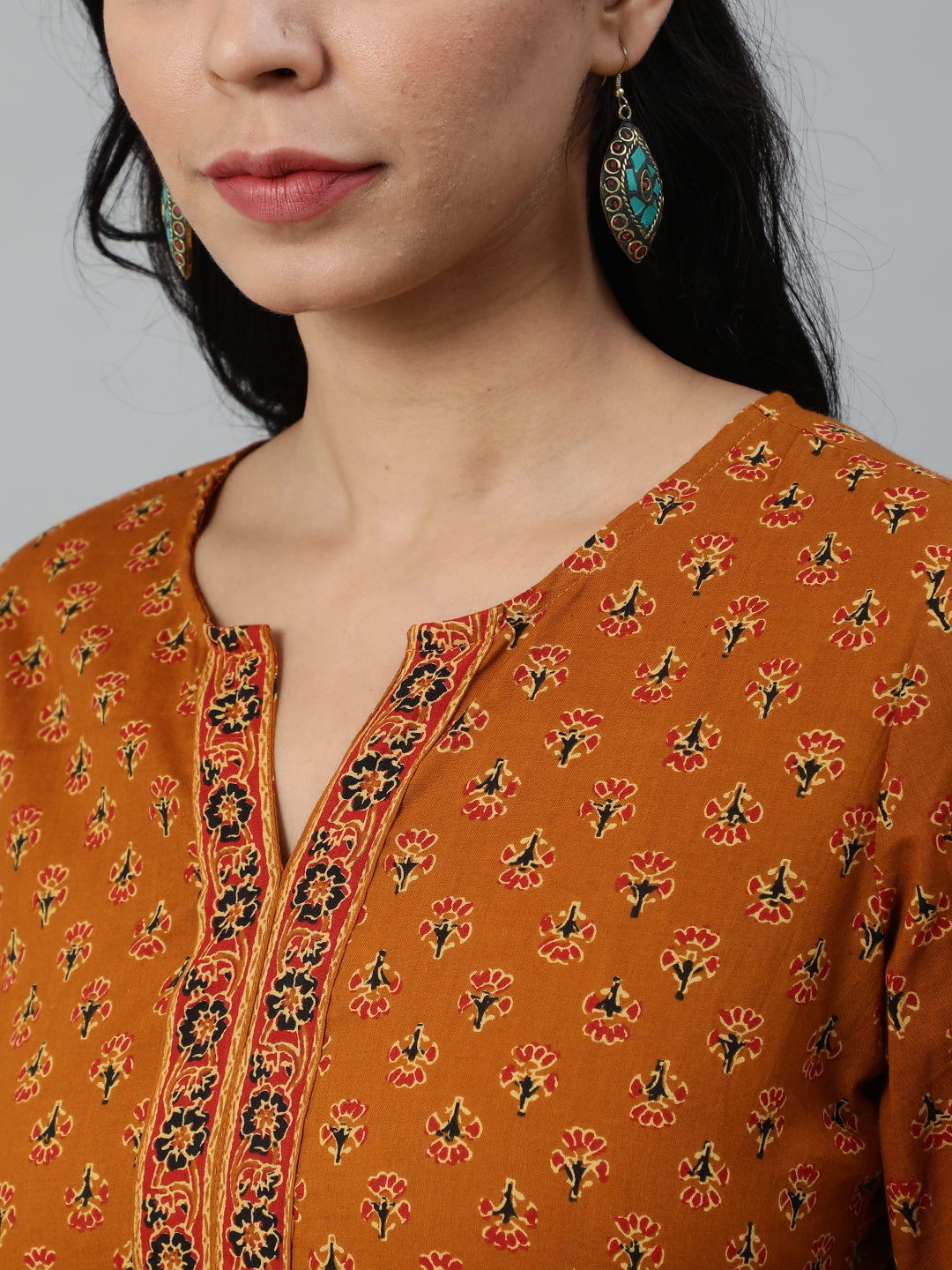 Mustard Ethnic Printed Tunic With Three Quarter Sleeves