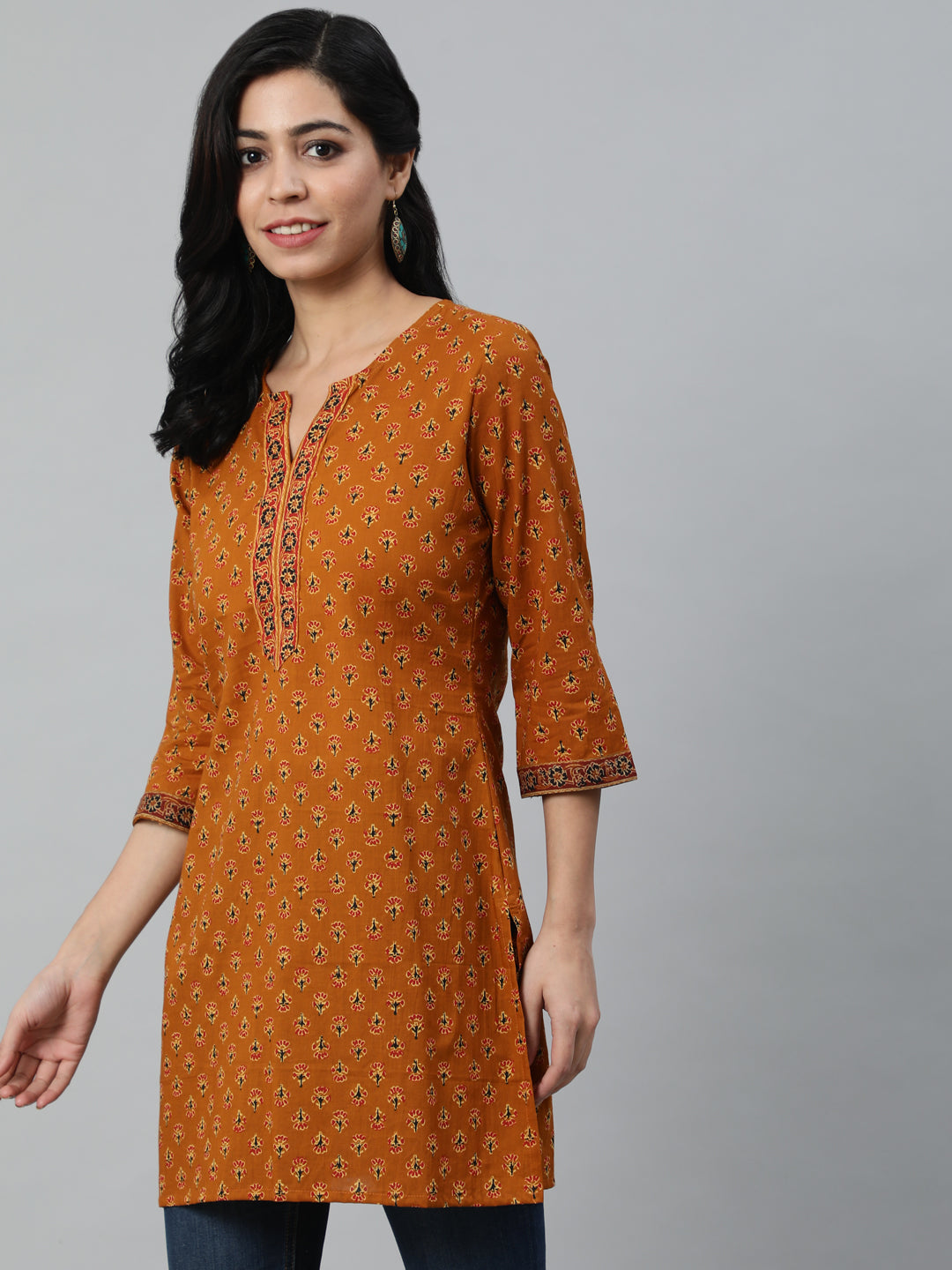 Mustard Ethnic Printed Tunic With Three Quarter Sleeves