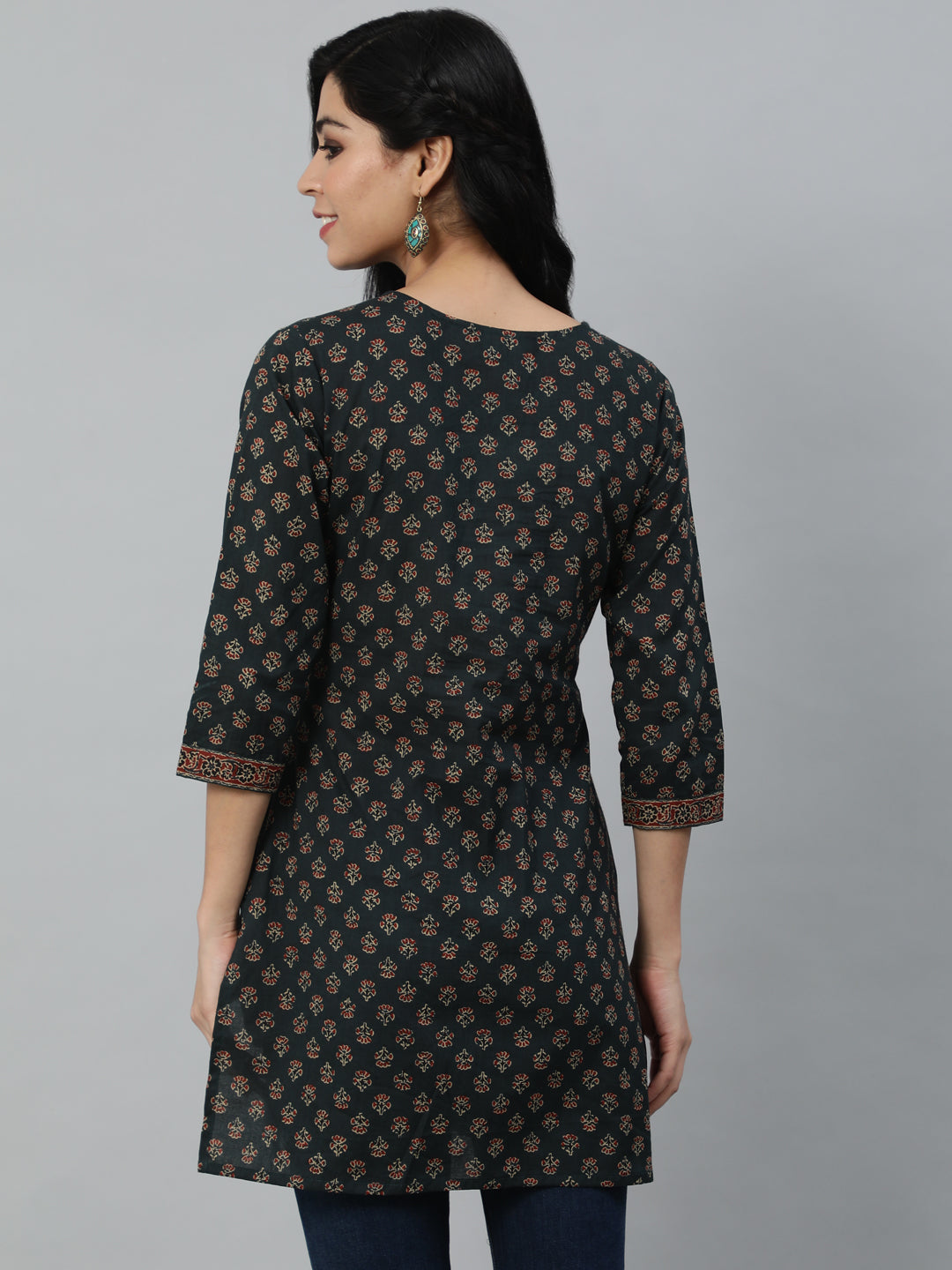 Green Printed Tunic With Three Quarter Sleeves
