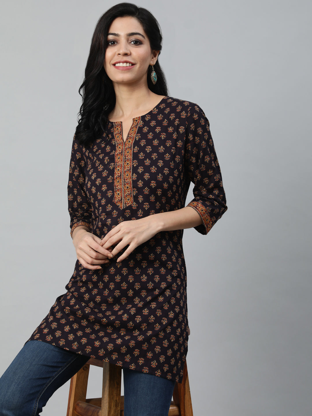 Purple Printed Straight Tunic With Three Quarter Sleeves
