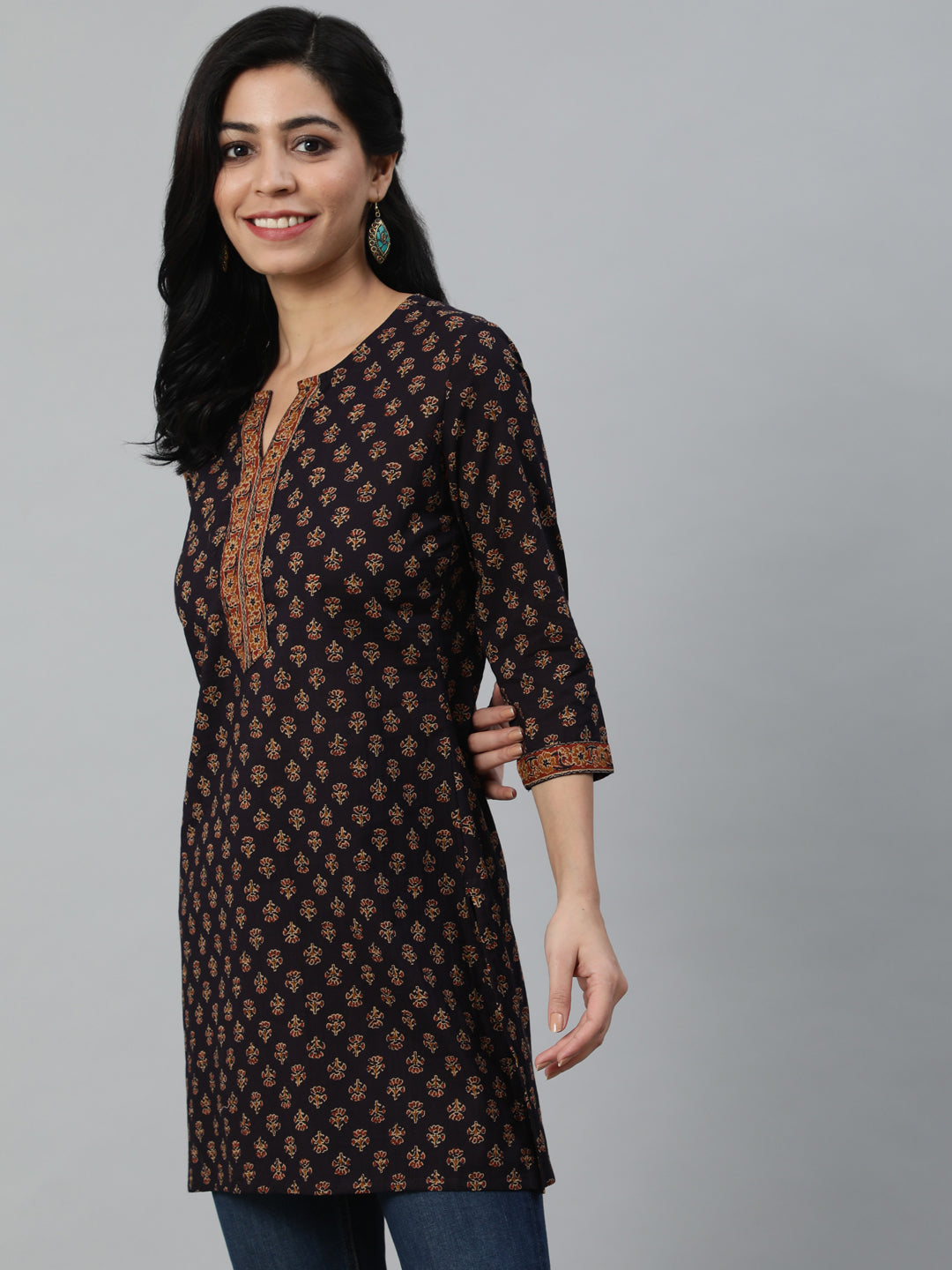 Purple Printed Straight Tunic With Three Quarter Sleeves