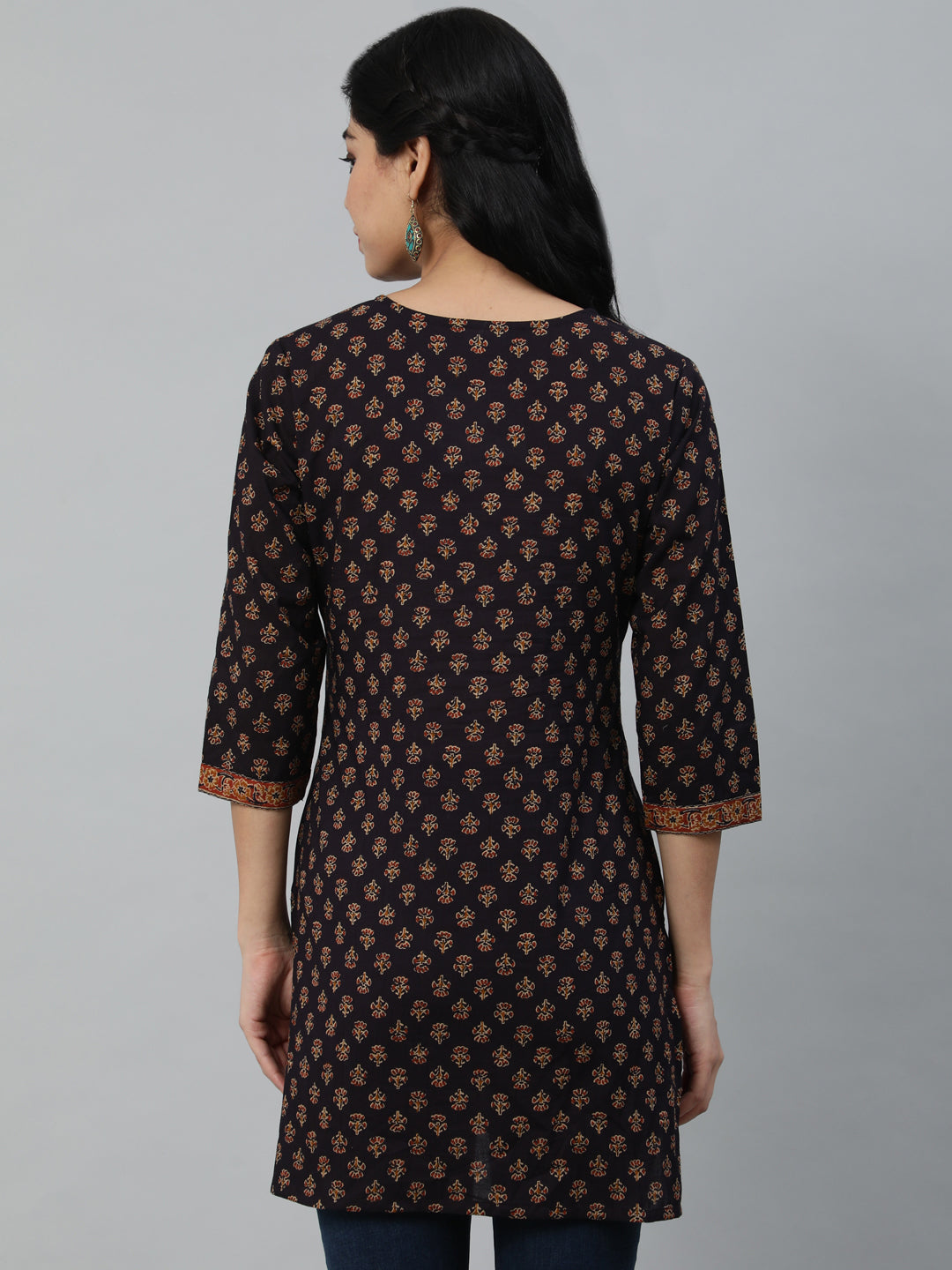 Purple Printed Straight Tunic With Three Quarter Sleeves