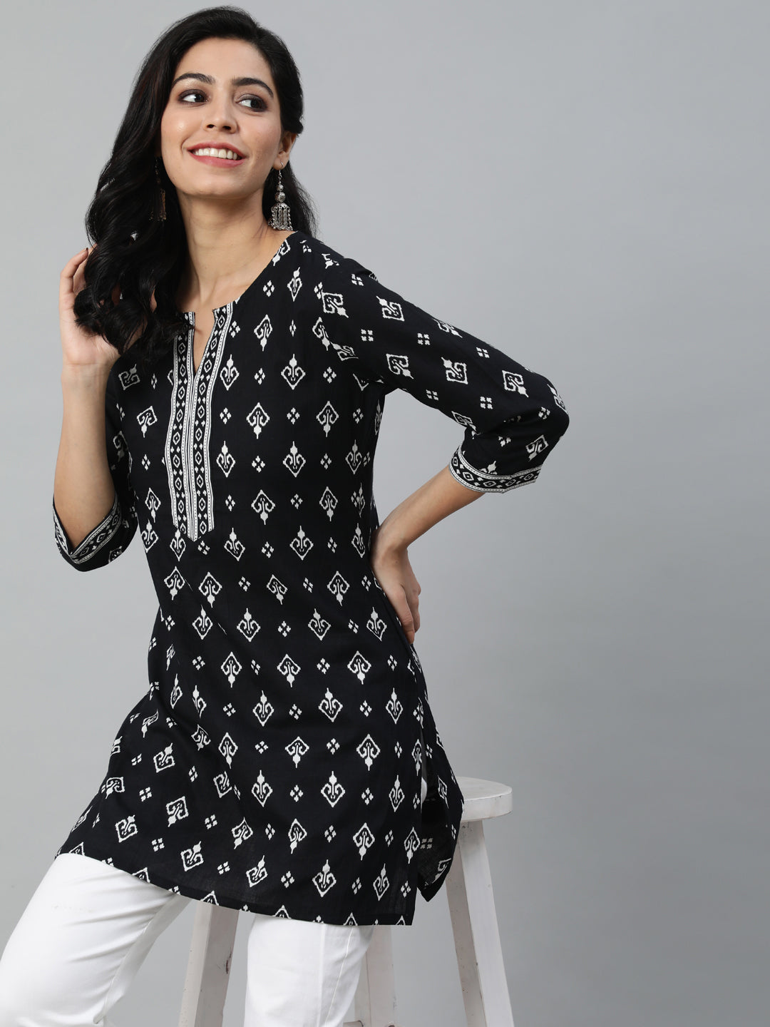 Black Ethnic Printed Straight Tunic With Three Quarter Sleeves