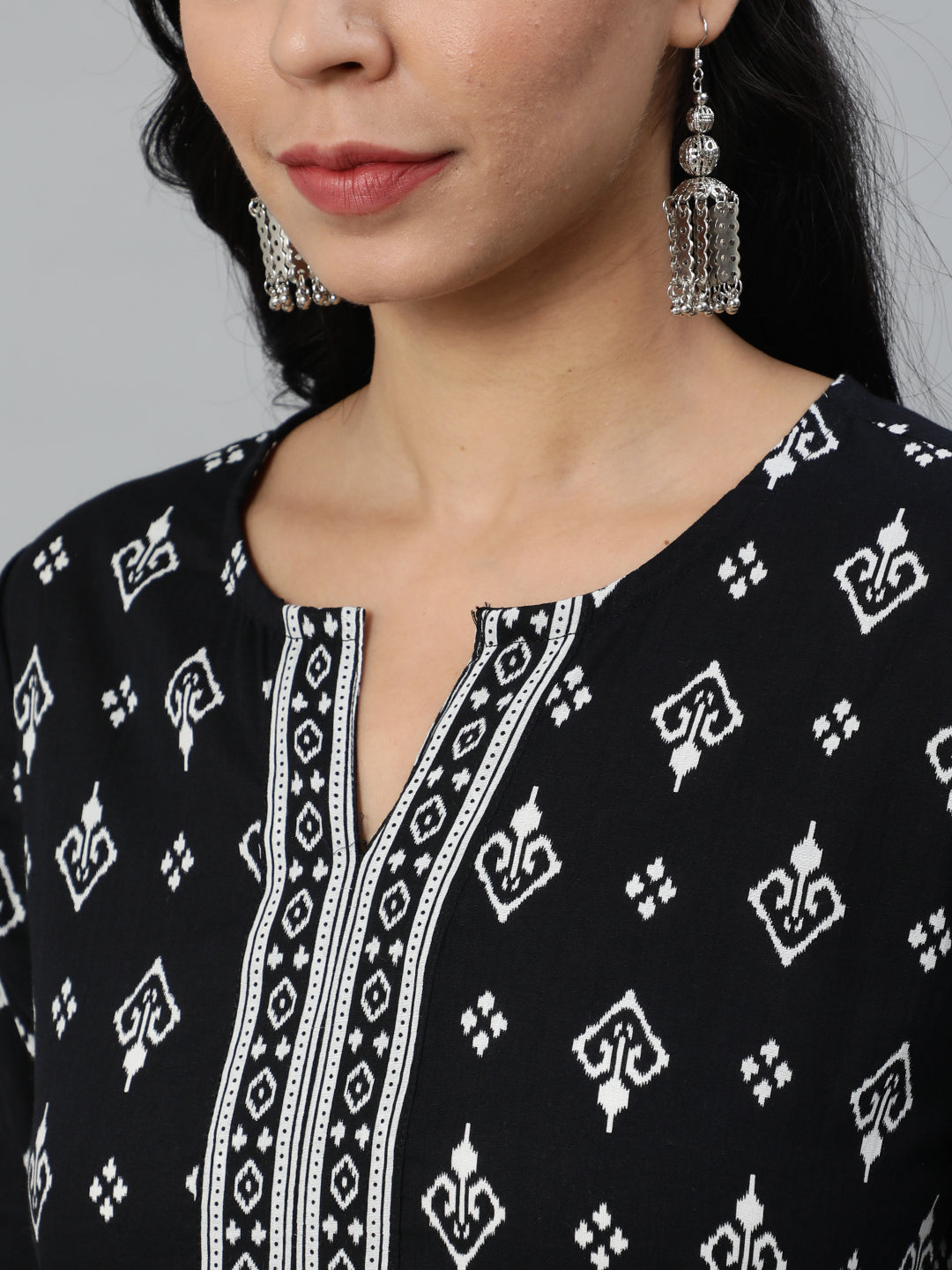 Black Ethnic Printed Straight Tunic With Three Quarter Sleeves