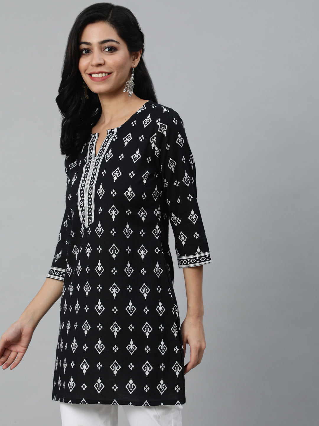 Black Ethnic Printed Straight Tunic With Three Quarter Sleeves