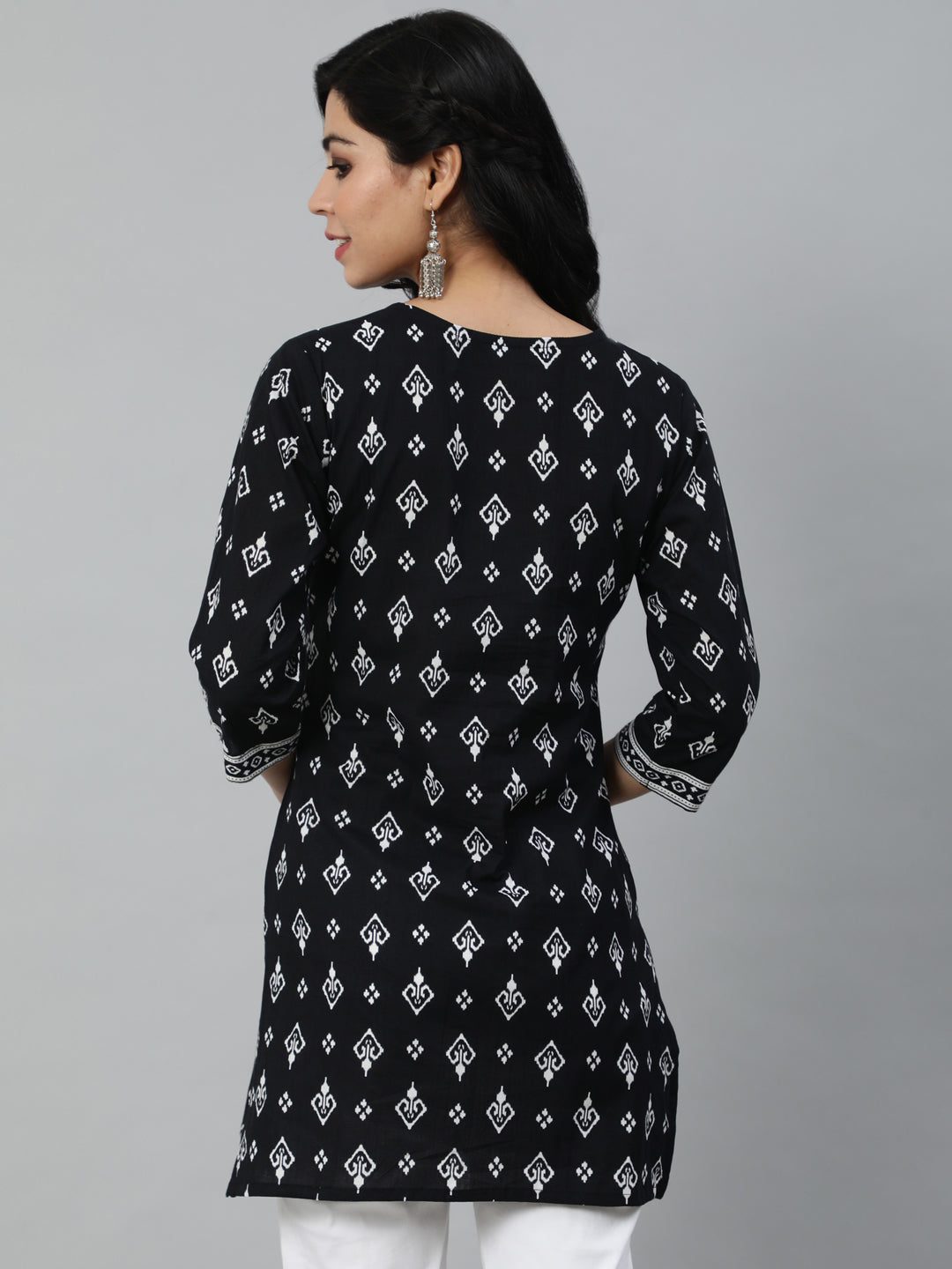 Black Ethnic Printed Straight Tunic With Three Quarter Sleeves