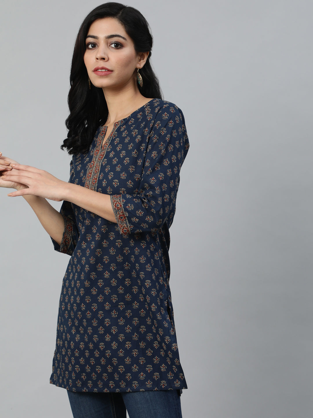 Navy Blue Printed Straight Tunic With Three Quarter Sleeves