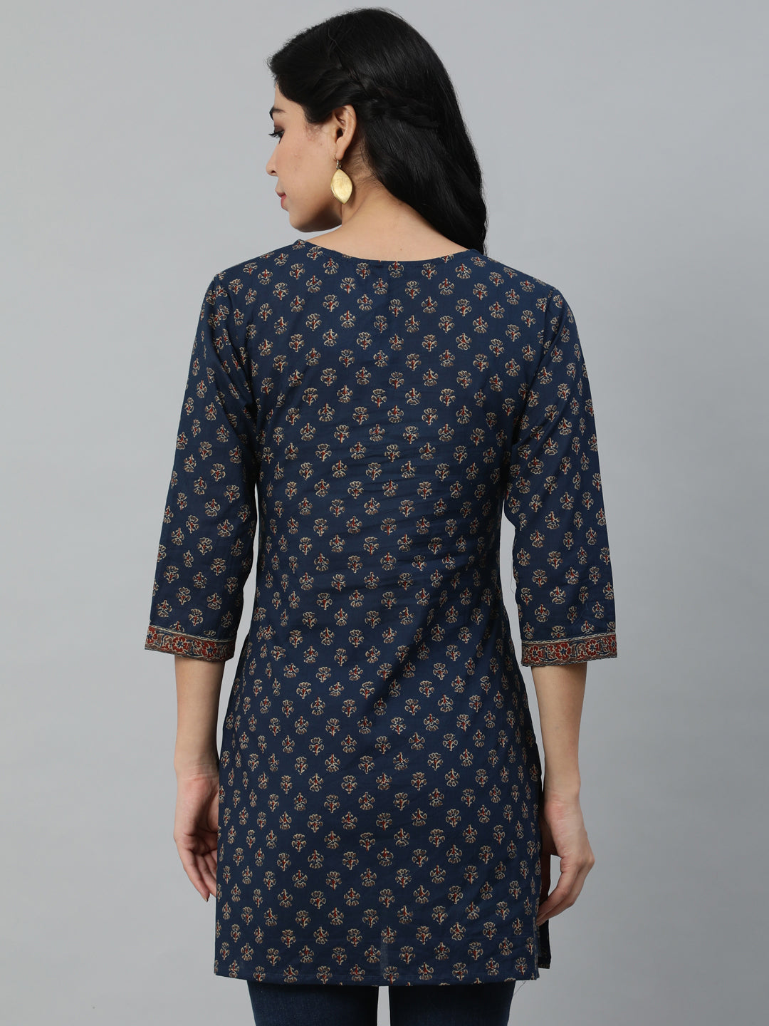 Navy Blue Printed Straight Tunic With Three Quarter Sleeves