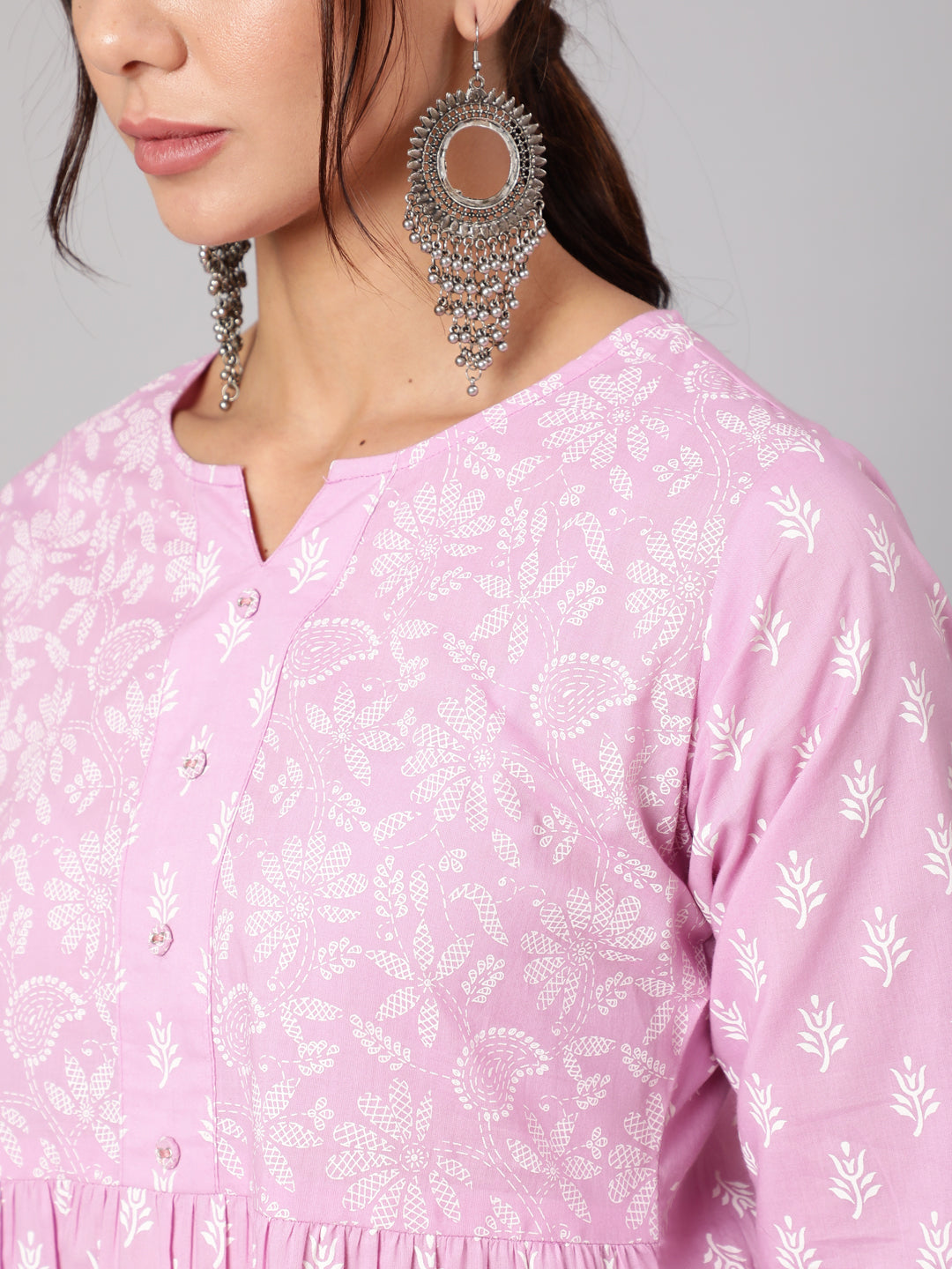 Purple Printed A-Line Tunic With Three Quarter Sleeves