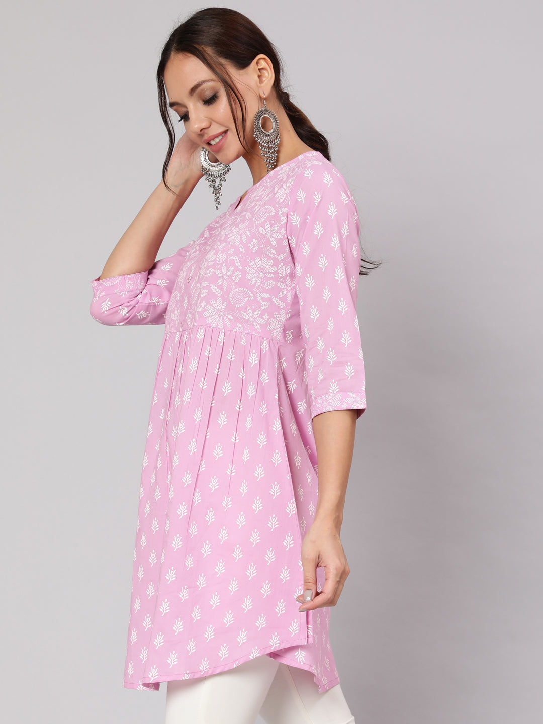 Purple Printed A-Line Tunic With Three Quarter Sleeves