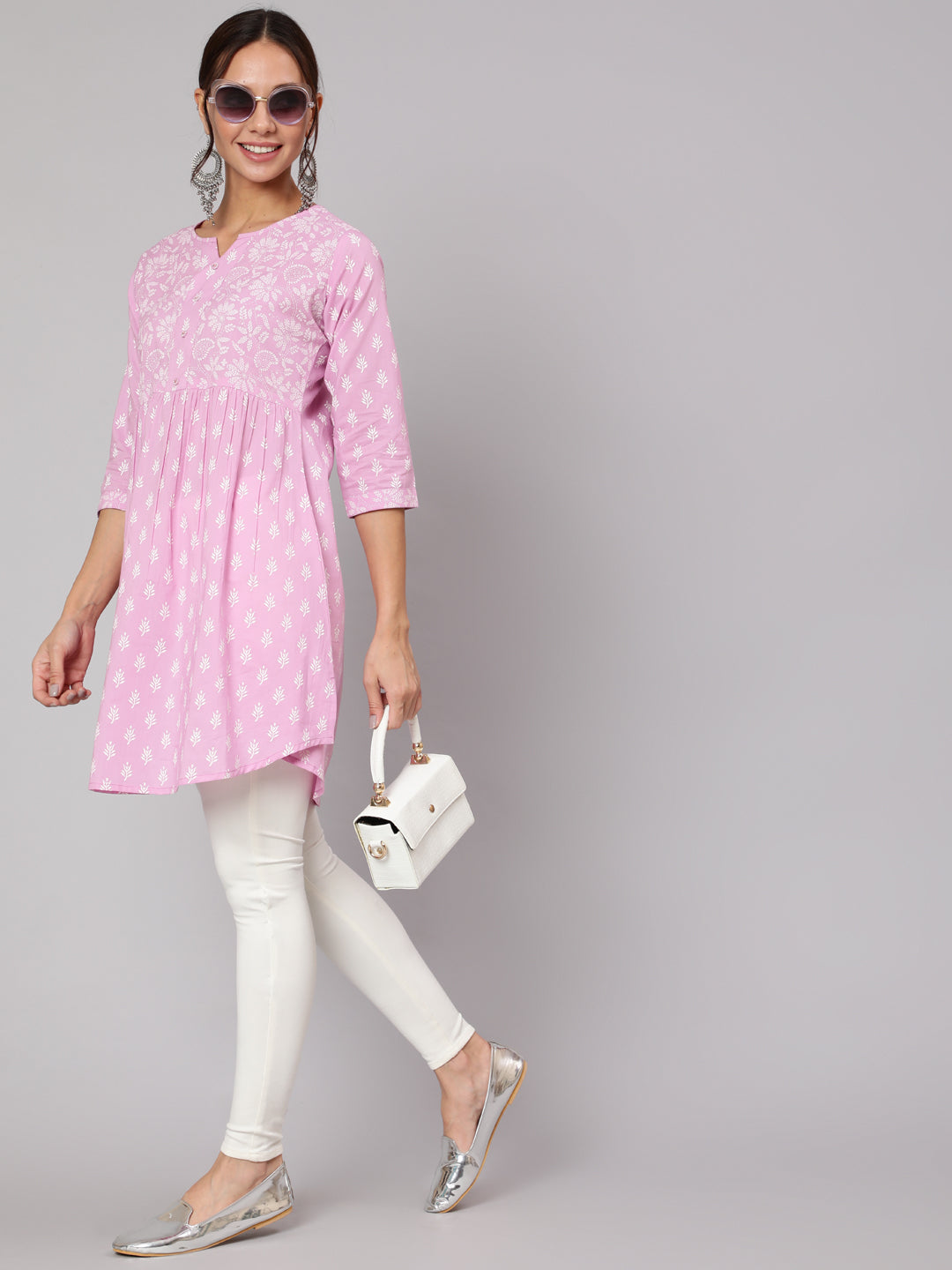 Purple Printed A-Line Tunic With Three Quarter Sleeves