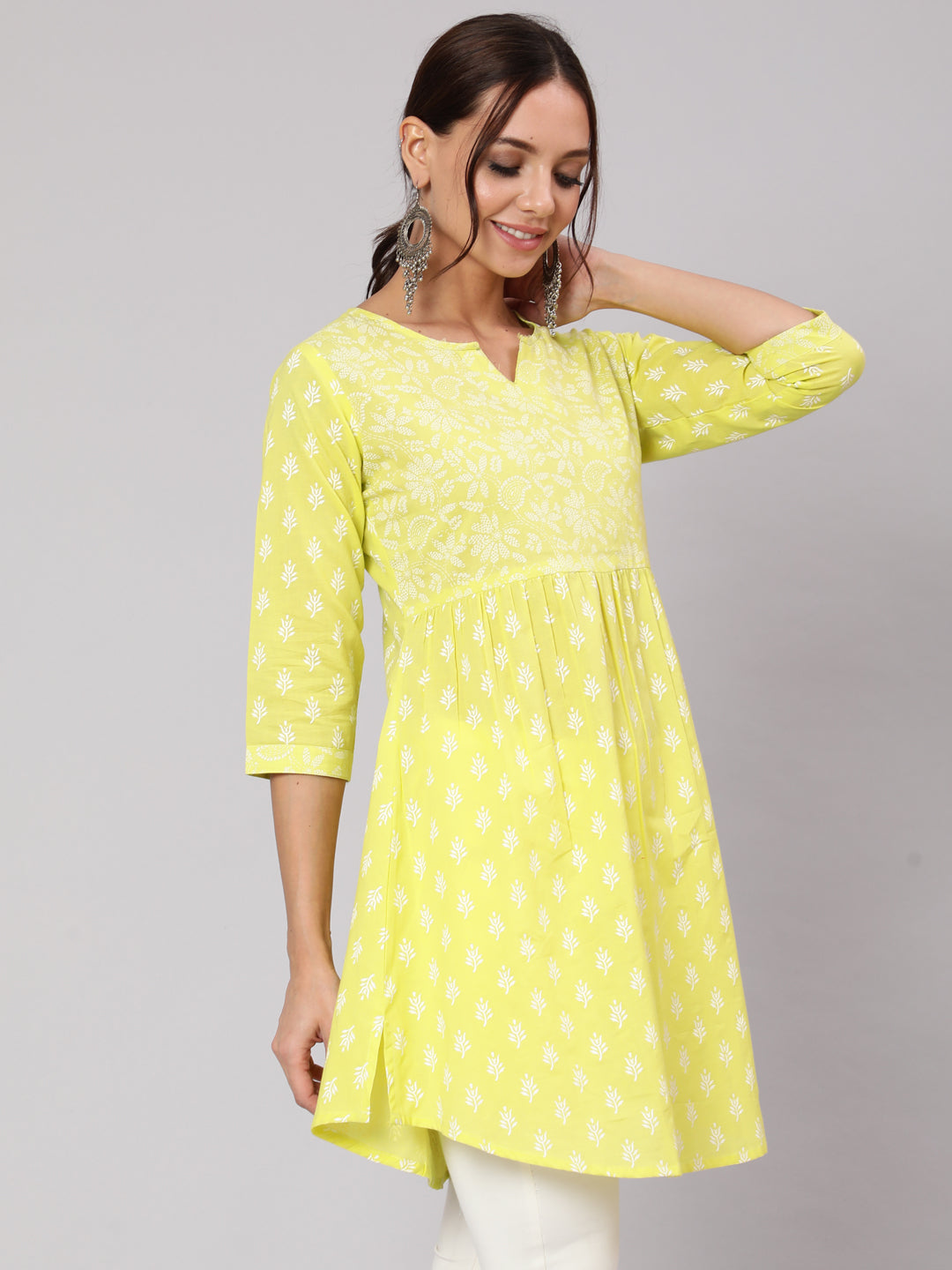Green Printed A-Line Tunic With Three Quarter Sleeves