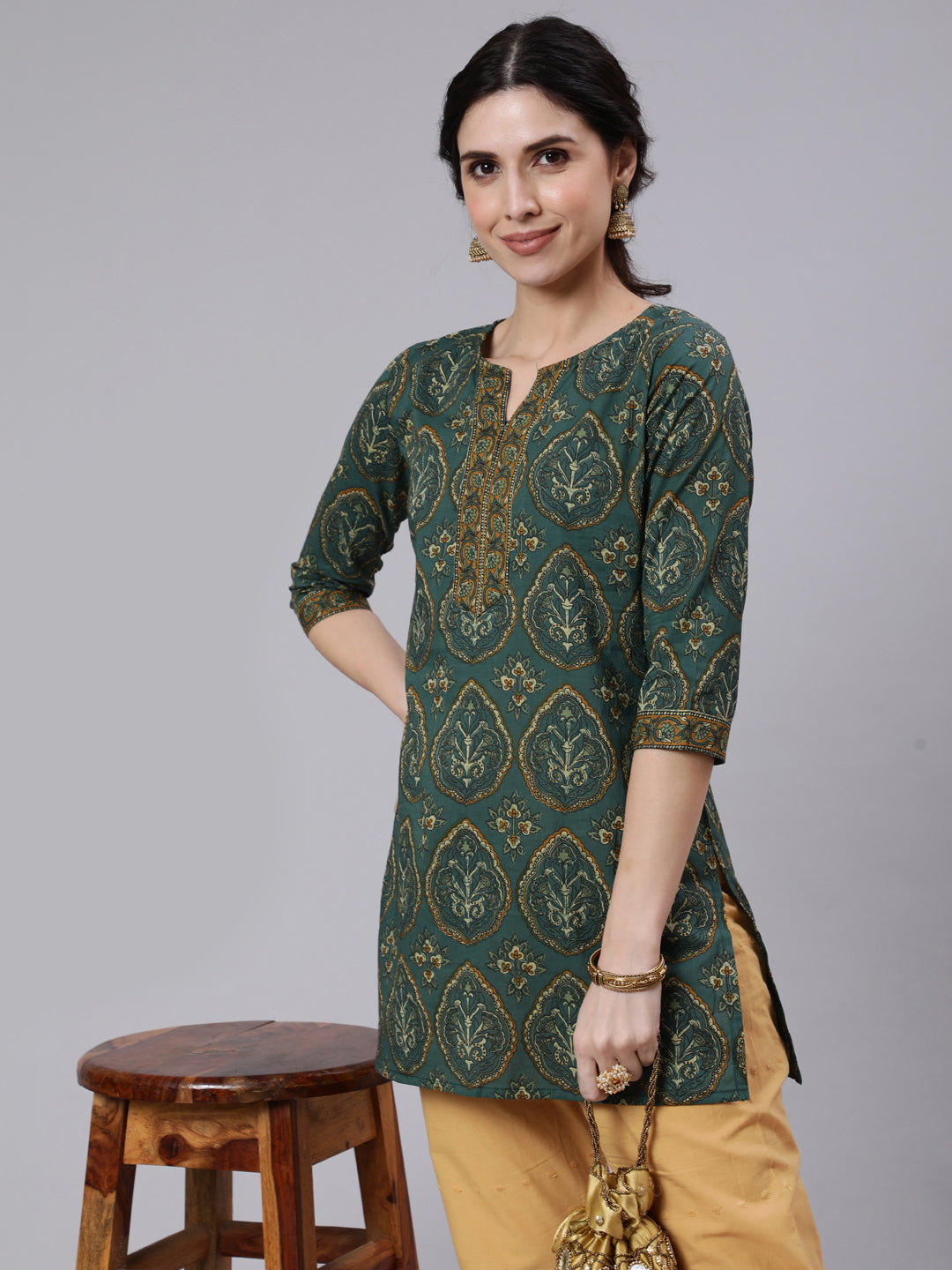 Green Ethnic Printed Tunic With Three Quarter Sleeves