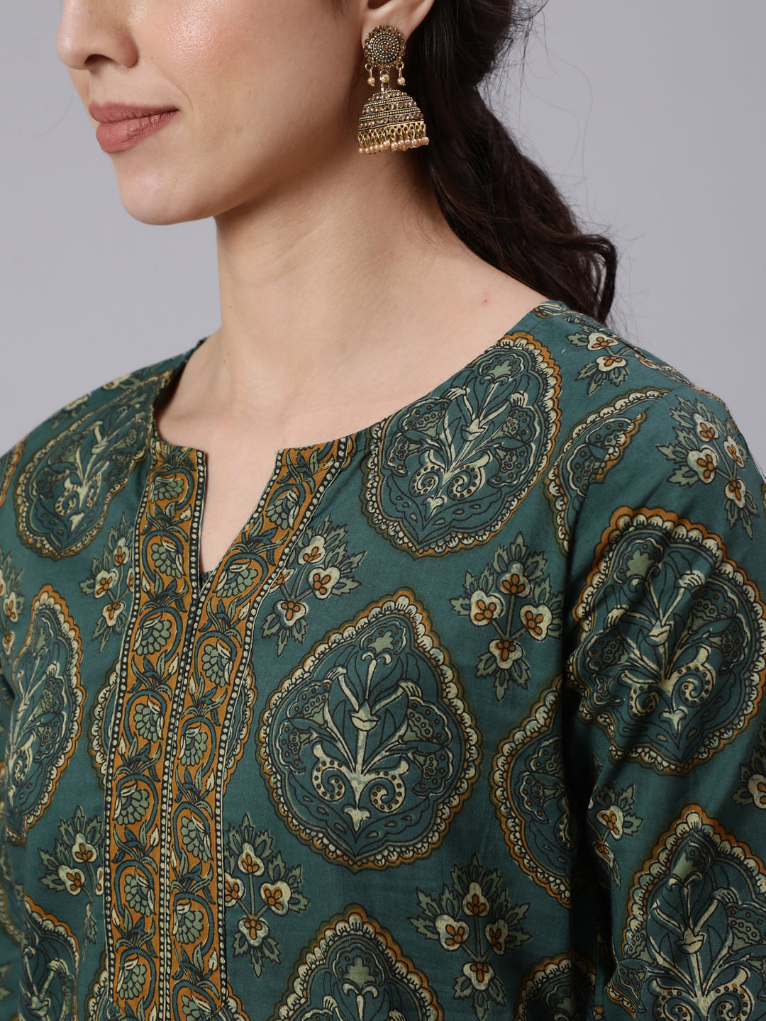 Green Ethnic Printed Tunic With Three Quarter Sleeves