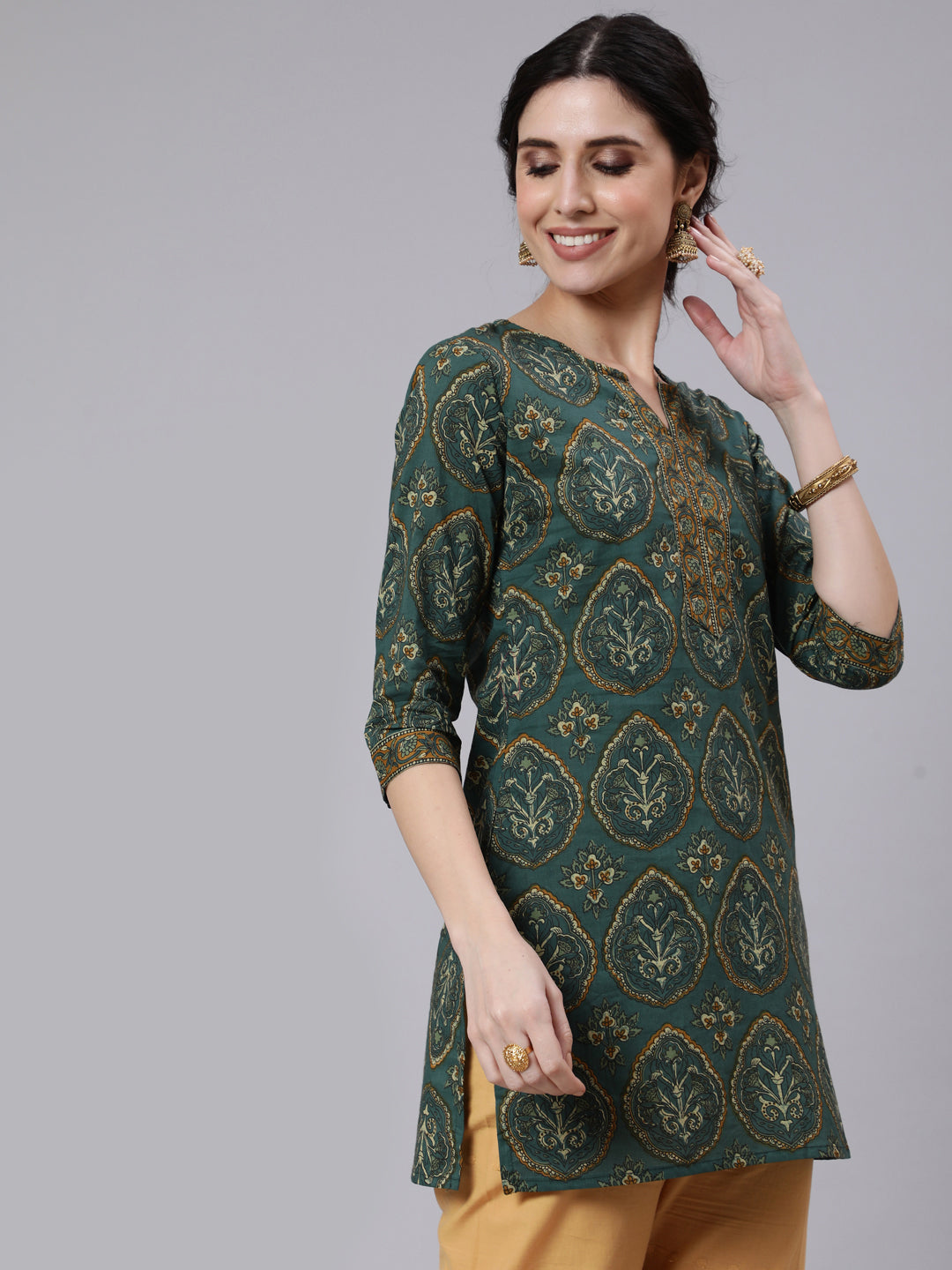 Green Ethnic Printed Tunic With Three Quarter Sleeves