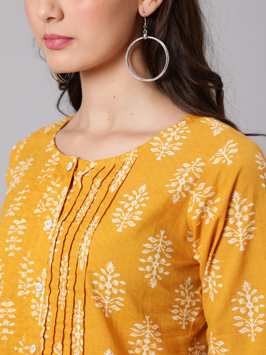 Mustard Ethnic Printed Straight Tunic With Three Quarter Sleeves