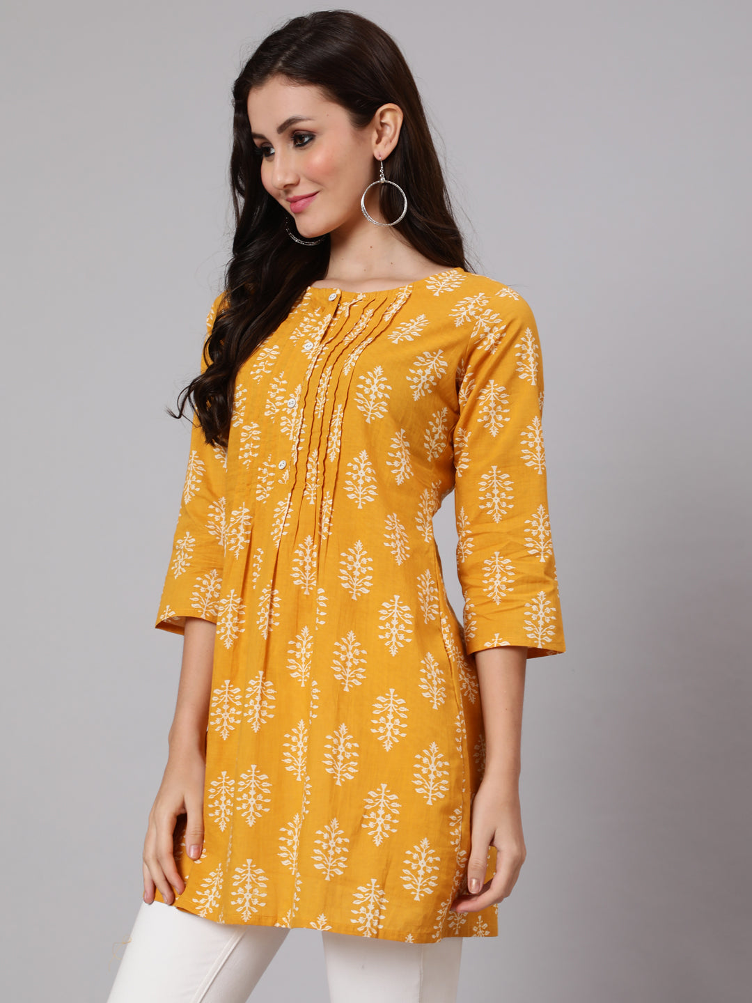 Mustard Ethnic Printed Straight Tunic With Three Quarter Sleeves