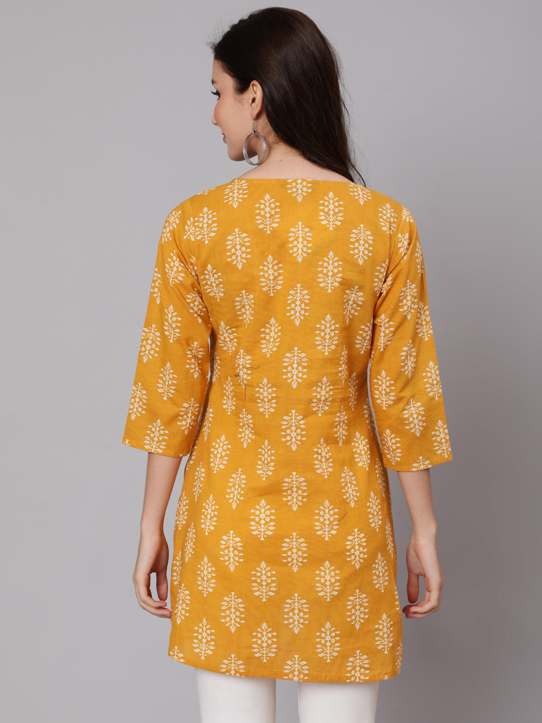 Mustard Ethnic Printed Straight Tunic With Three Quarter Sleeves