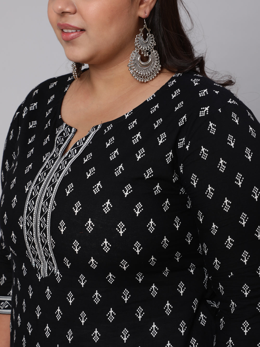 Plus Size Black Ethnic Tunic With Three Quarter Sleeves