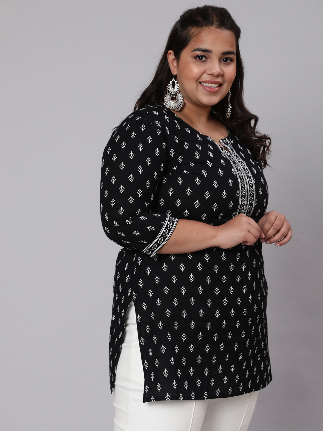 Plus Size Black Ethnic Tunic With Three Quarter Sleeves