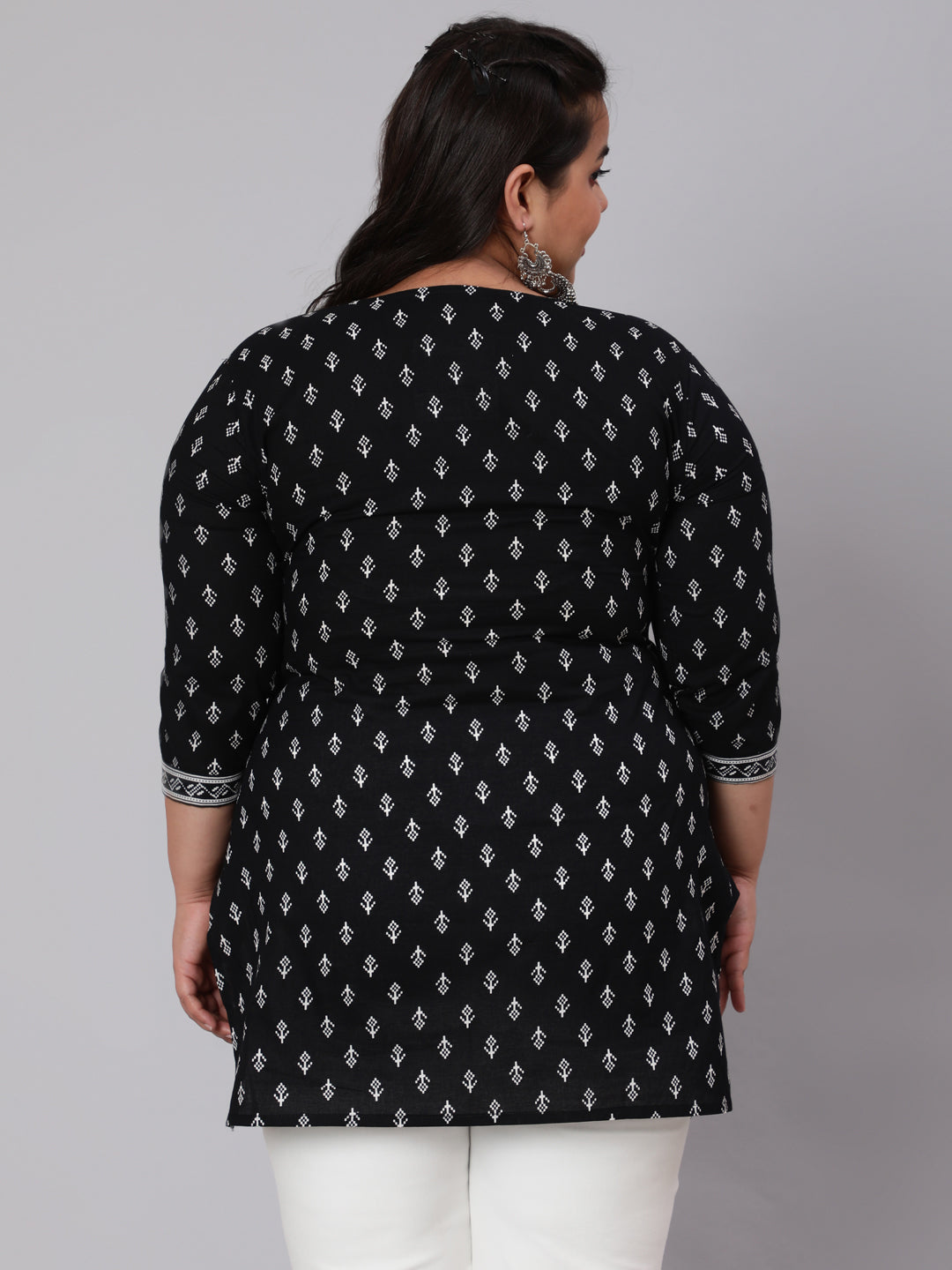 Plus Size Black Ethnic Tunic With Three Quarter Sleeves