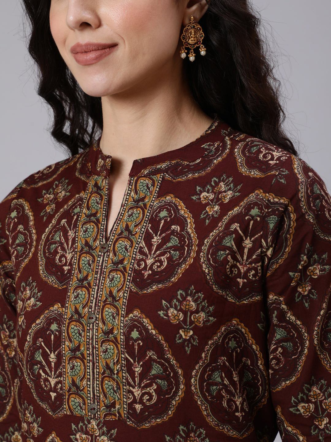 Brown Ethnic Printed Straight Tunic With Three Quarter Sleeves