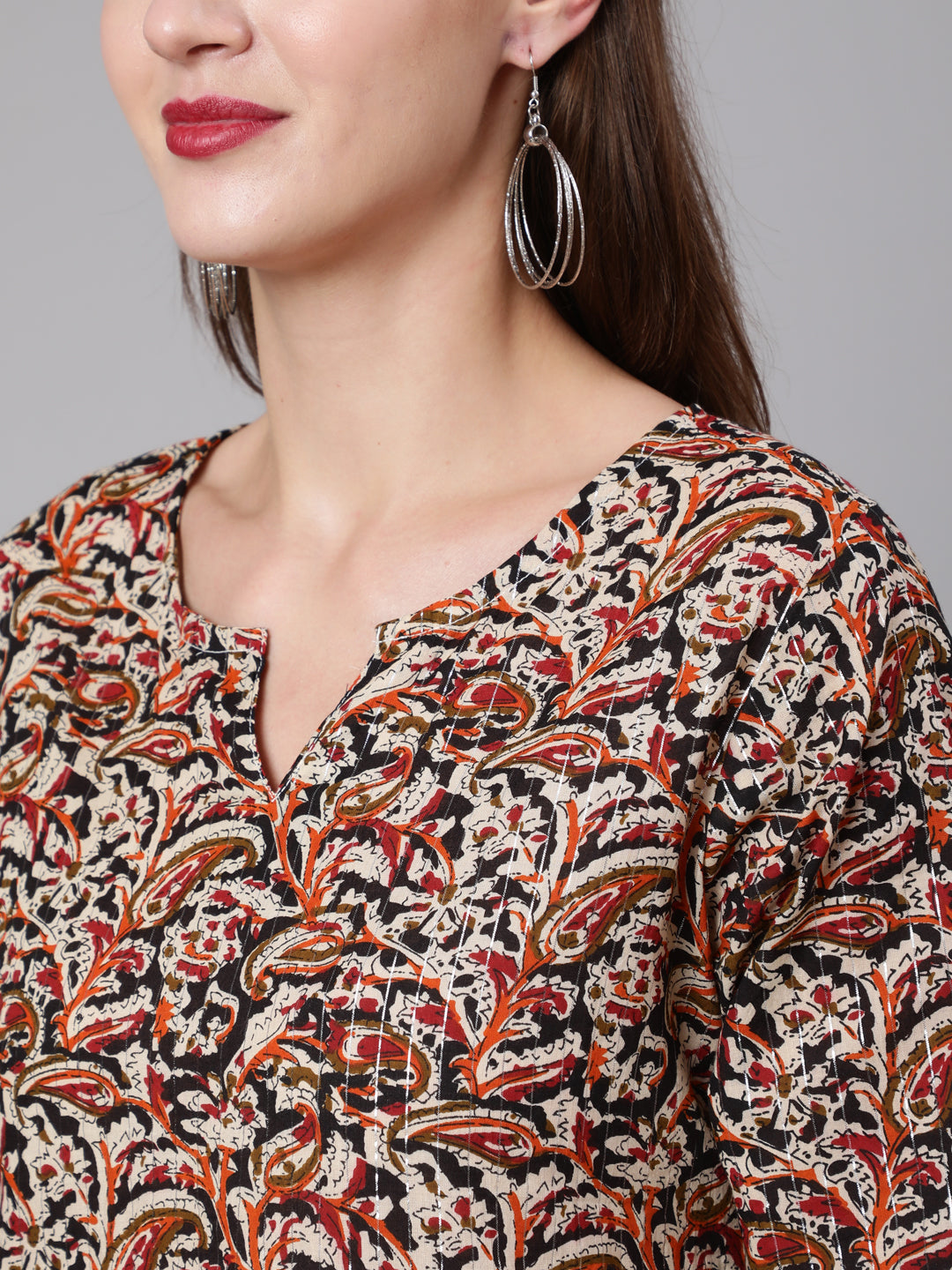Multi Ethnic Printed Straight Tunic With Three Quarter Sleeves