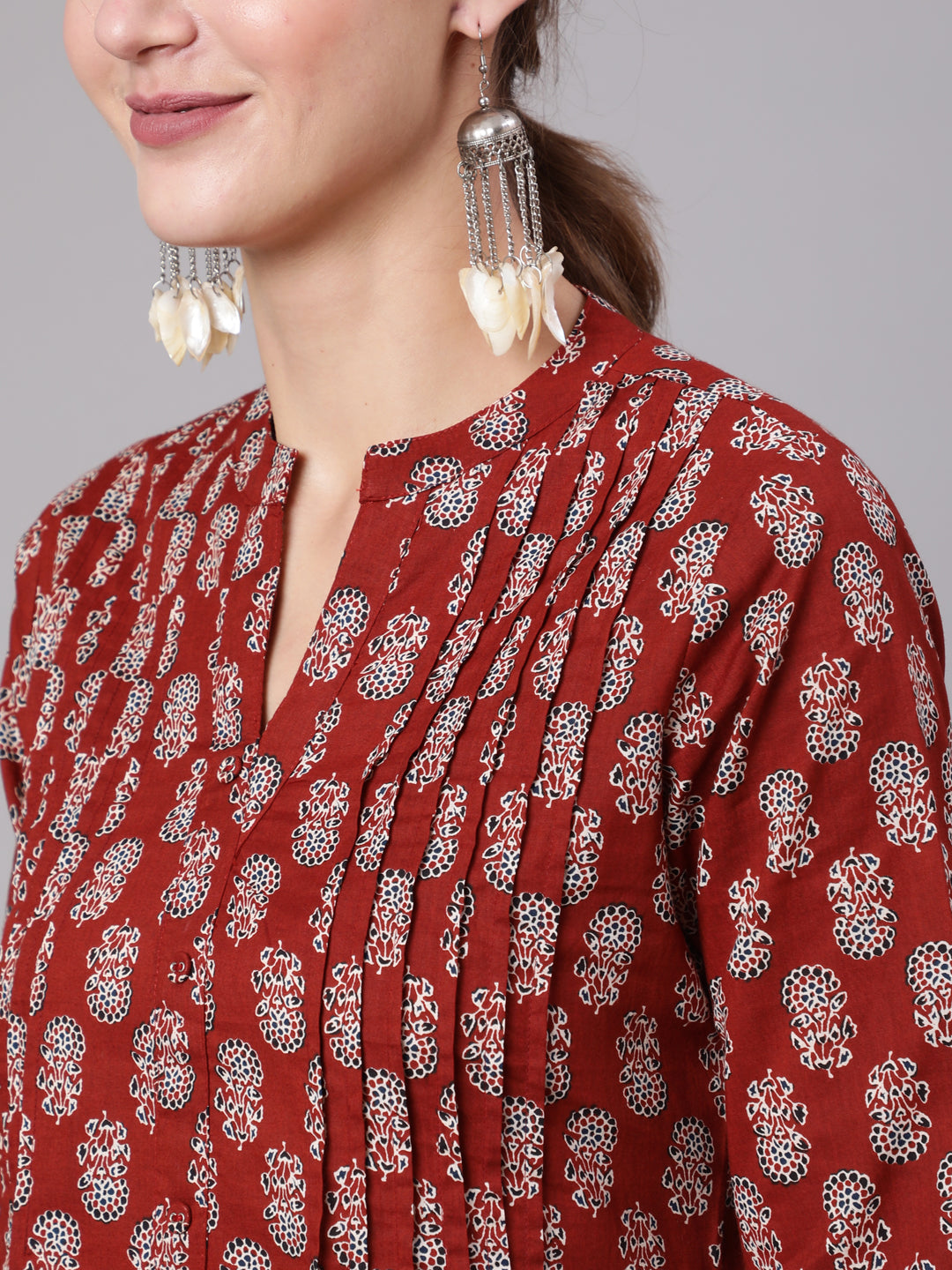 Maroon Ethnic Printed Straight Tunic With Three Quarter Sleeves