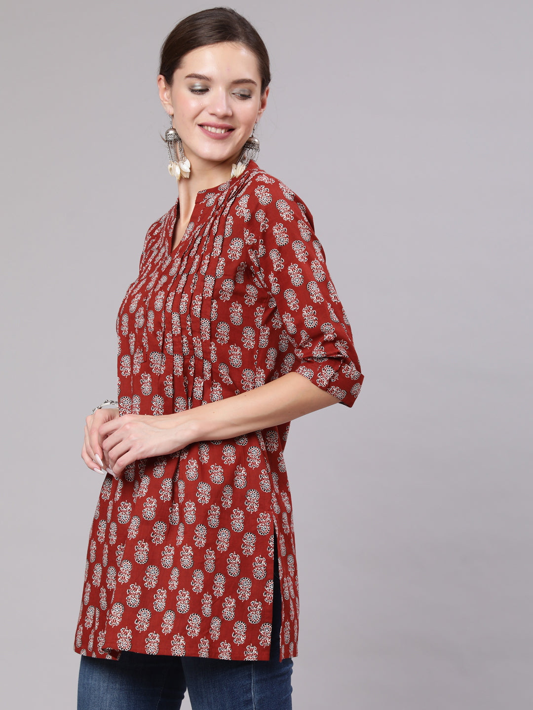 Maroon Ethnic Printed Straight Tunic With Three Quarter Sleeves