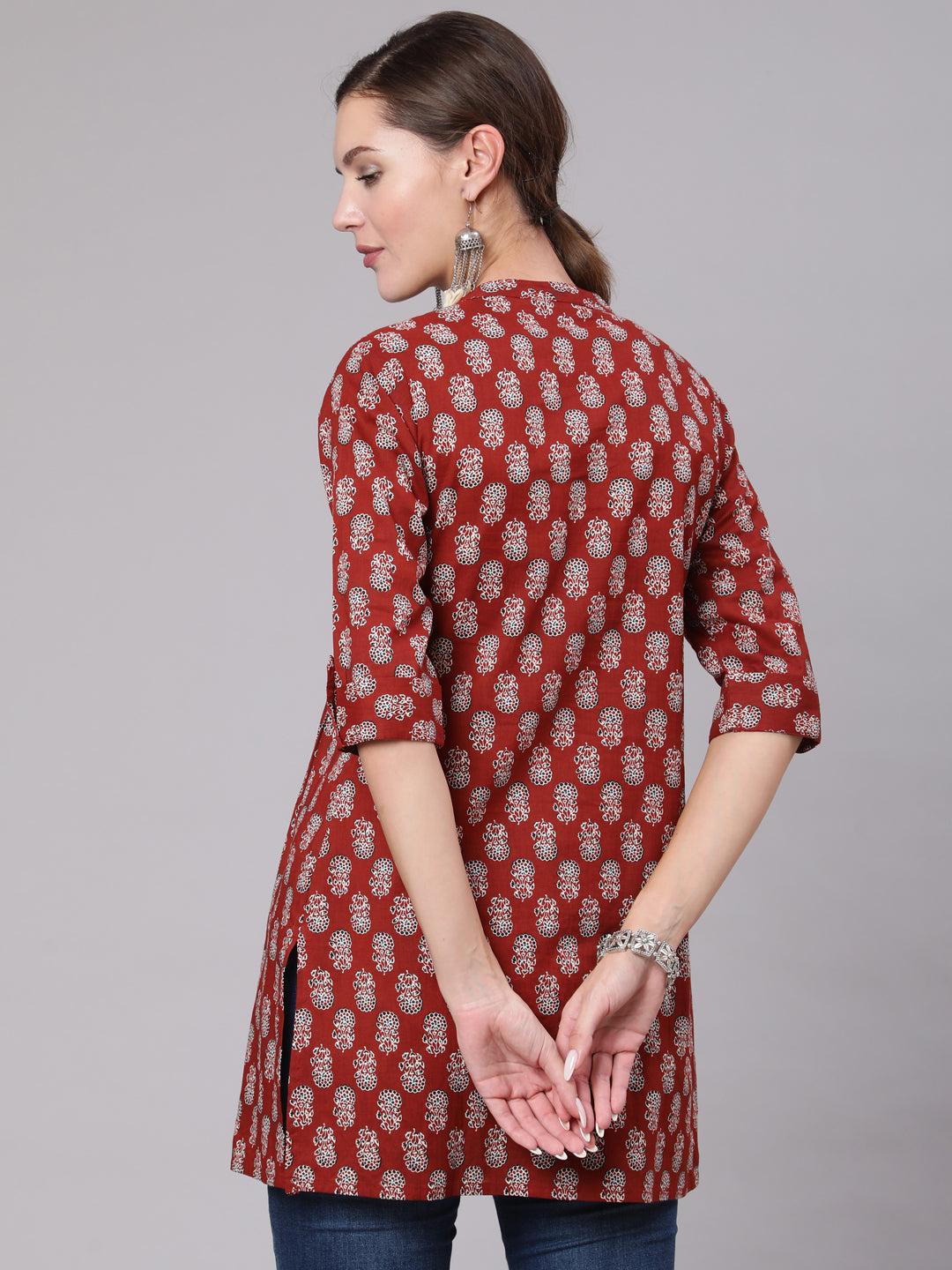 Maroon Ethnic Printed Straight Tunic With Three Quarter Sleeves