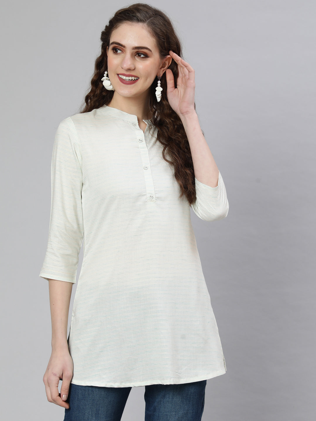 Off-White And Green Printed Straight Tunic With Three Quarter Sleeves