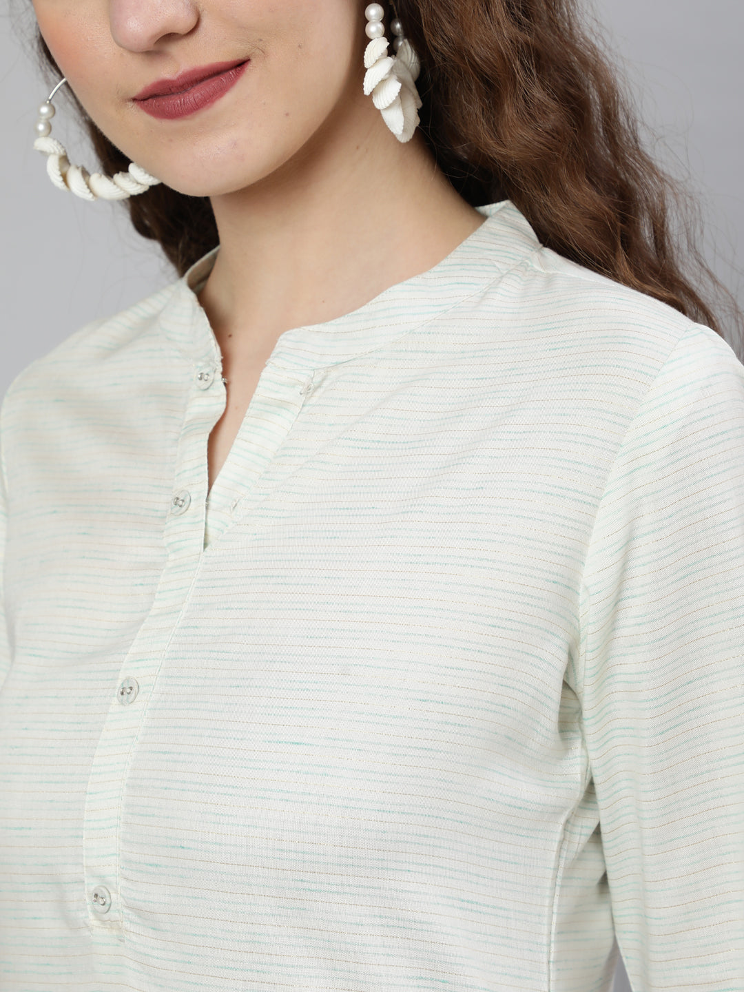 Off-White And Green Printed Straight Tunic With Three Quarter Sleeves