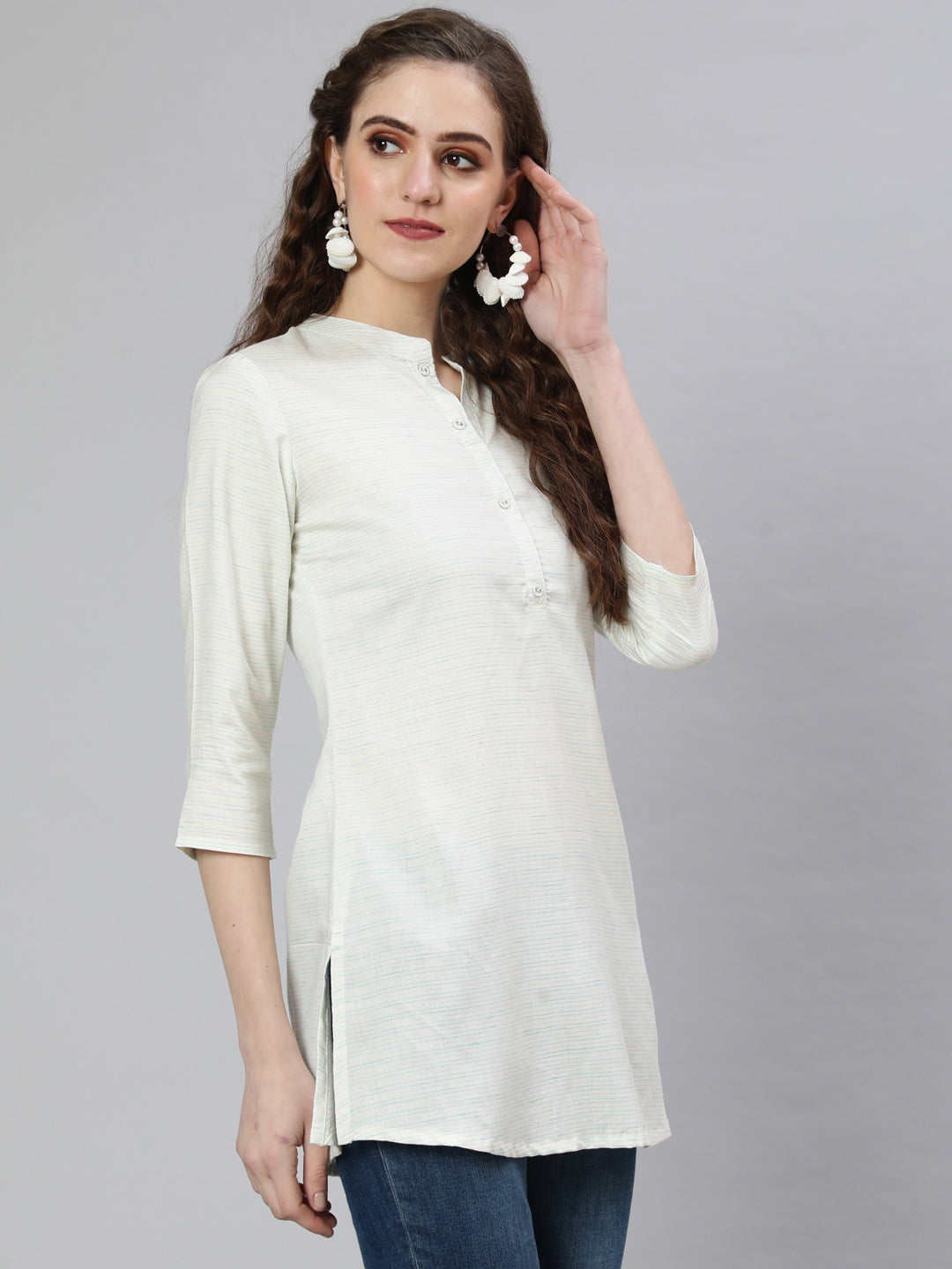 Off-White And Green Printed Straight Tunic With Three Quarter Sleeves