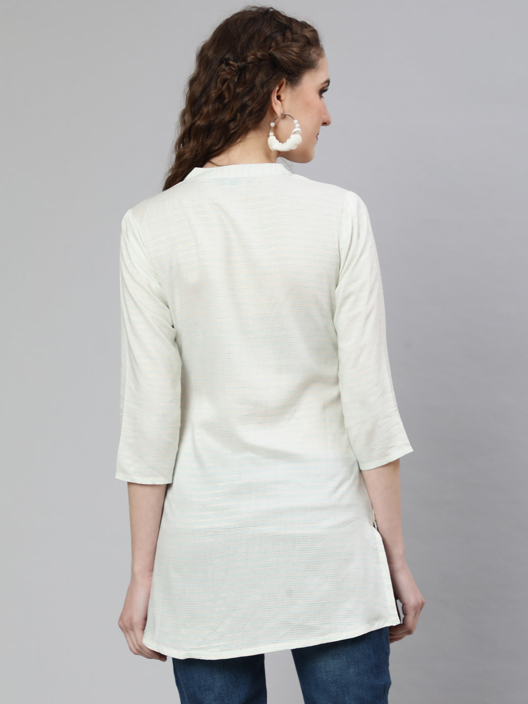 Off-White And Green Printed Straight Tunic With Three Quarter Sleeves
