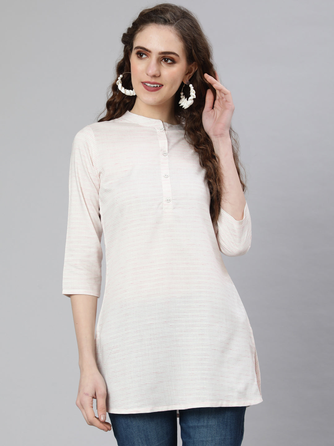 Off-White And Pink Printed Straight Tunic With Three Quarter Sleeves