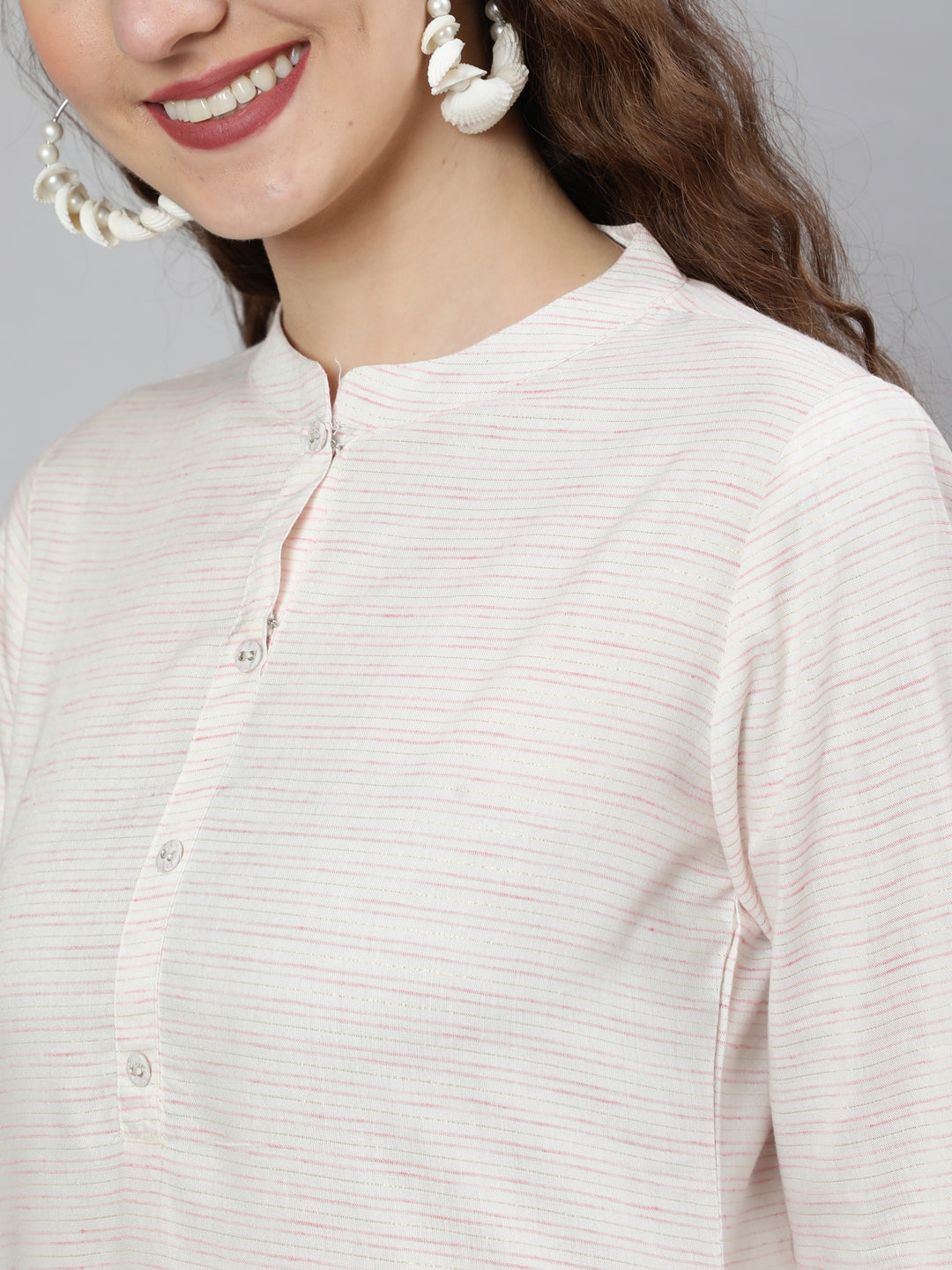 Off-White And Pink Printed Straight Tunic With Three Quarter Sleeves