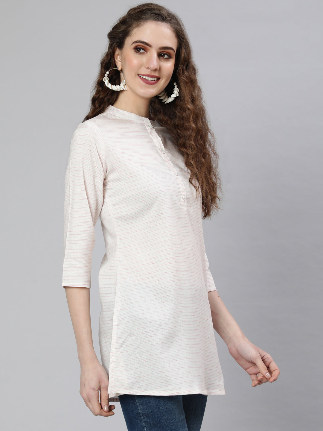 Off-White And Pink Printed Straight Tunic With Three Quarter Sleeves