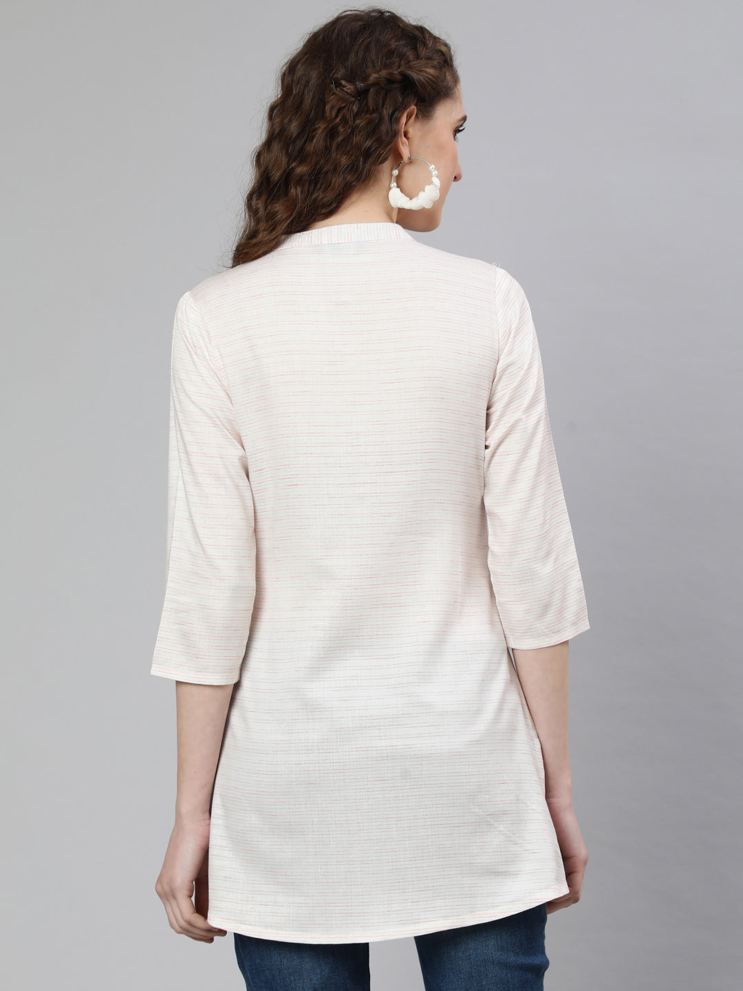Off-White And Pink Printed Straight Tunic With Three Quarter Sleeves