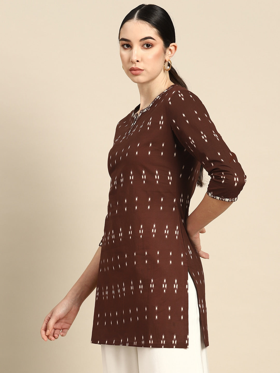 Brown Embroidered Ikat Printed Straight Tunic