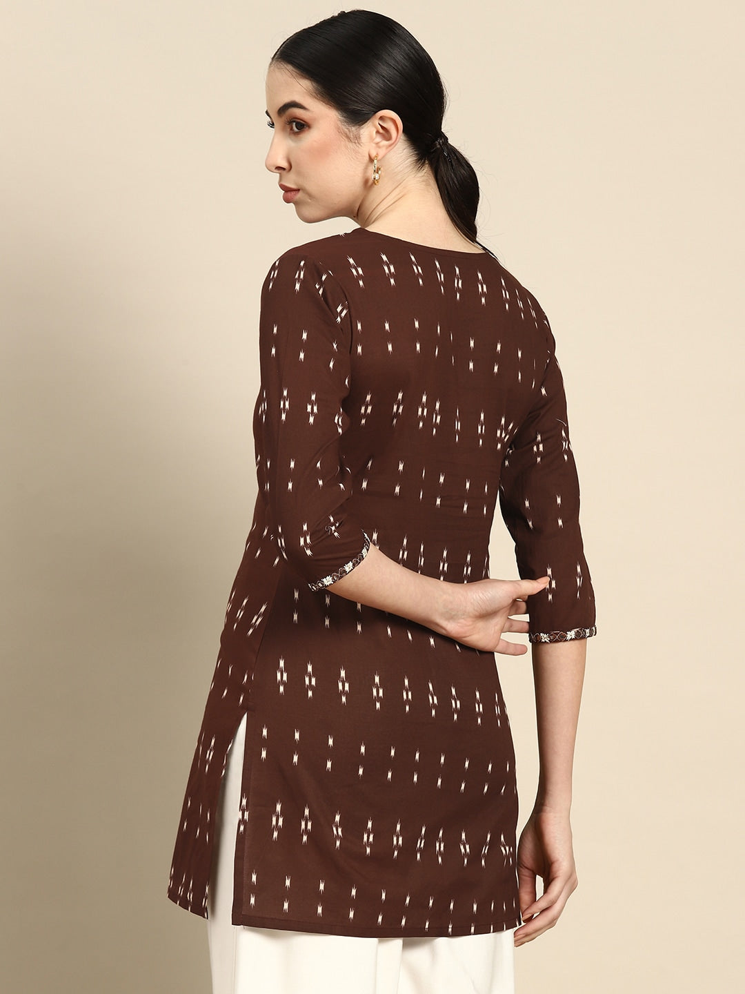 Brown Embroidered Ikat Printed Straight Tunic
