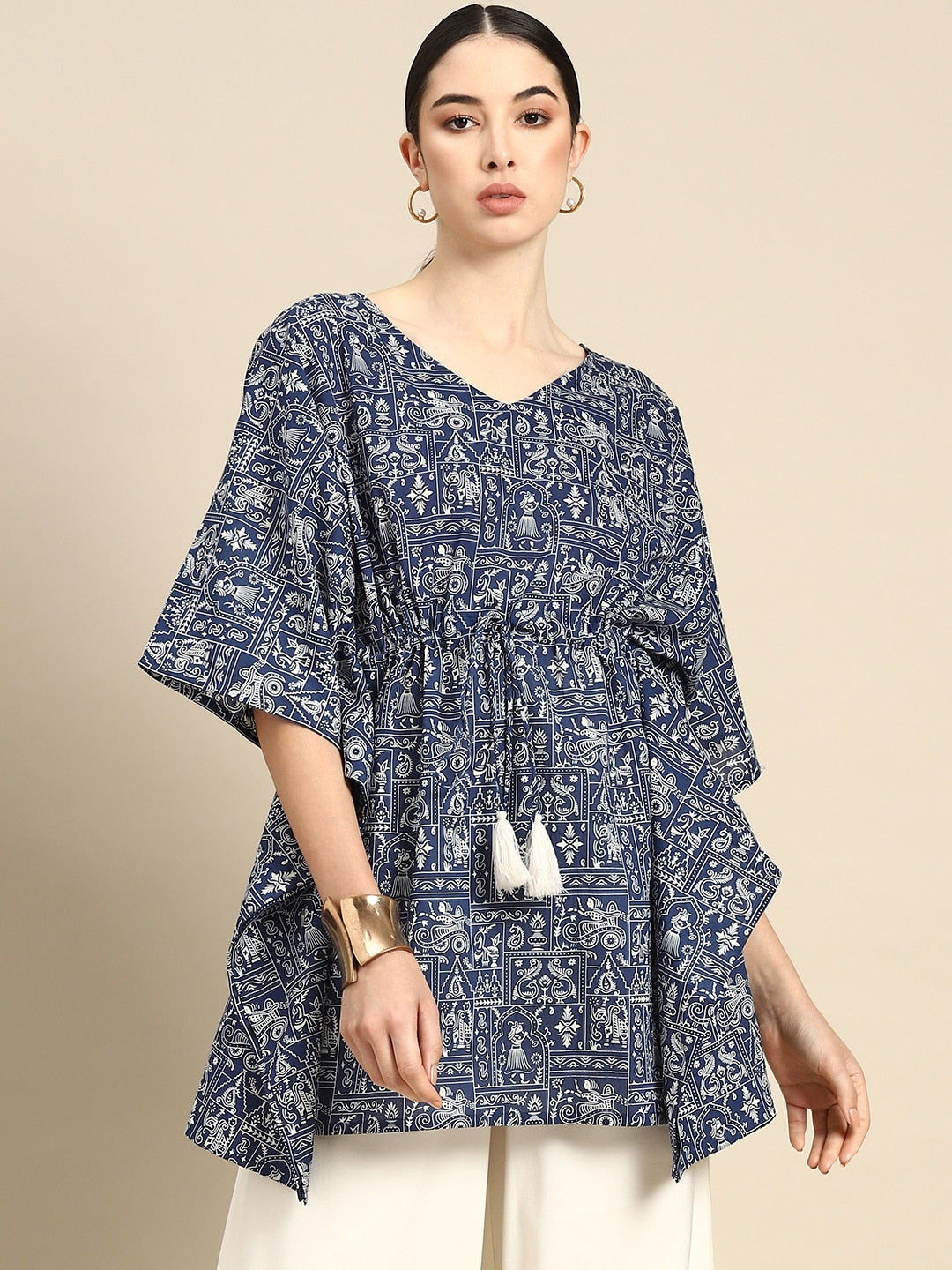 Navy Blue Printed Traight Kaftan Tunic