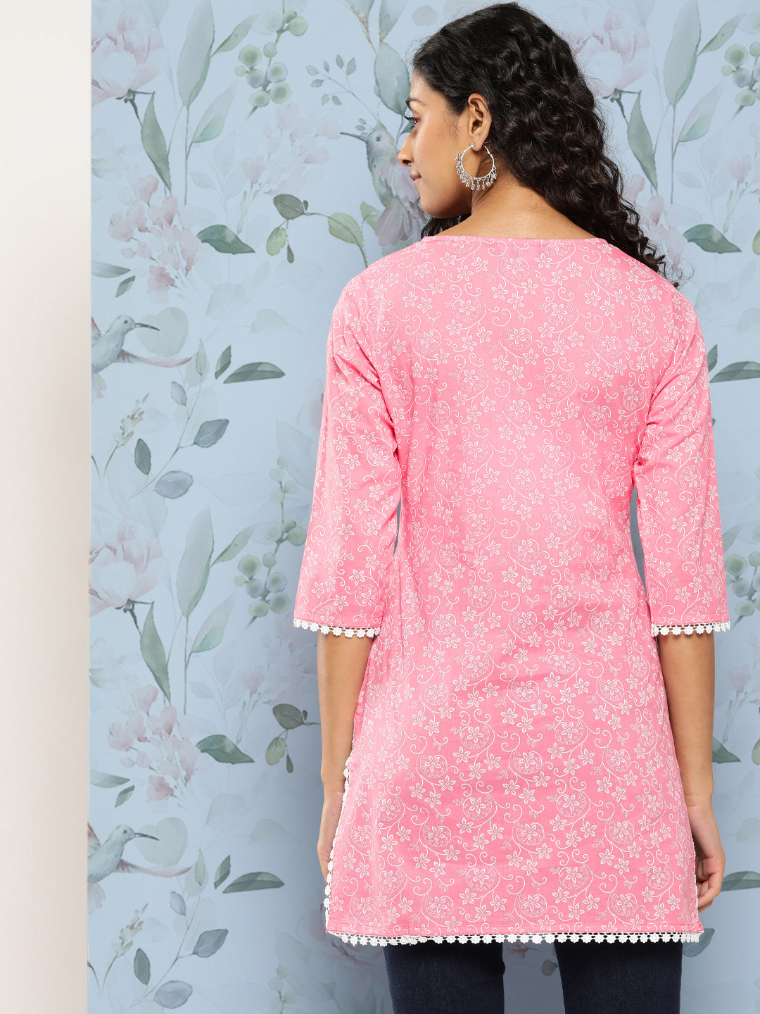 Pink Straight Tunic With Three Quarter Sleeves
