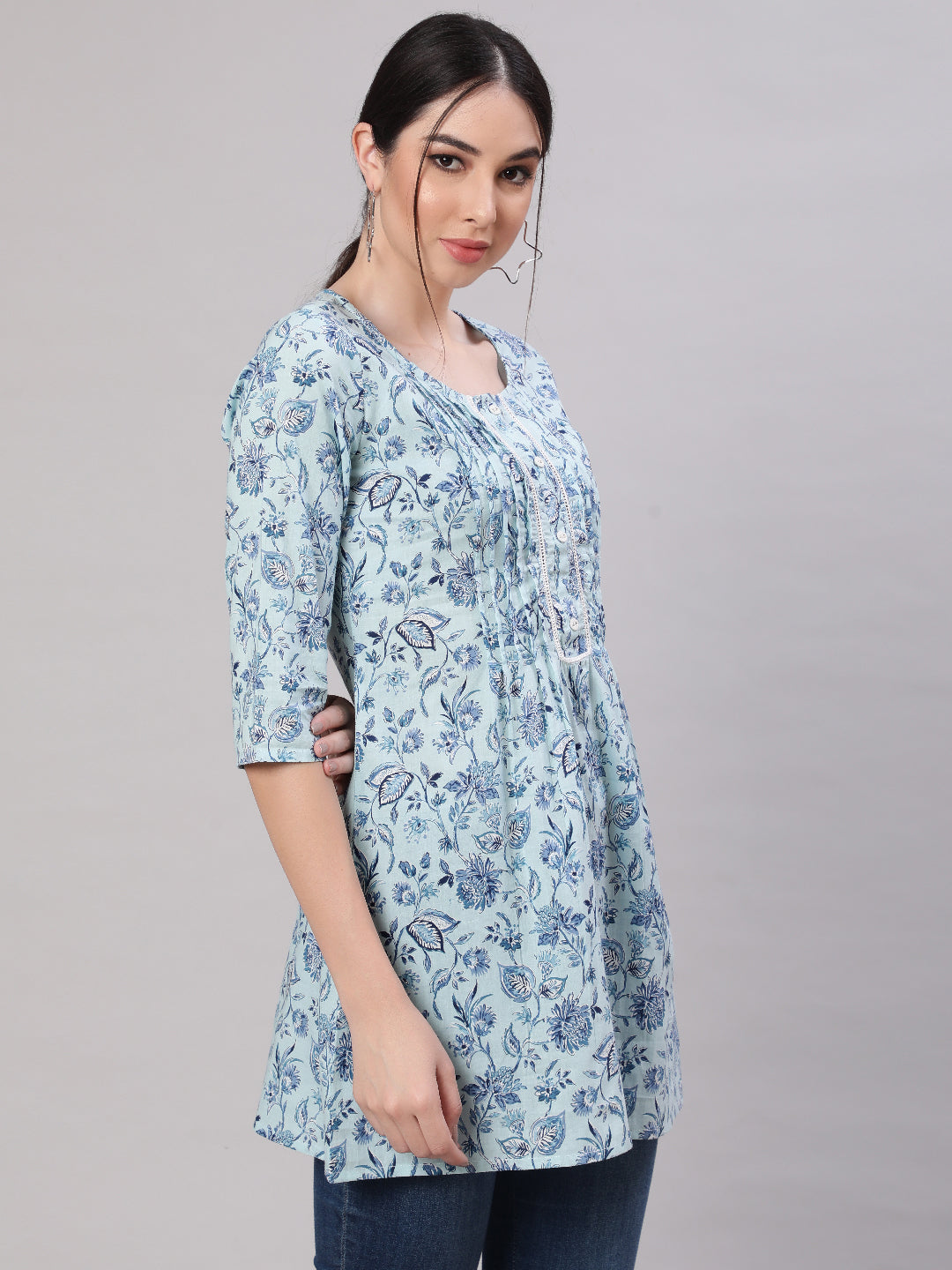 Women Blue Straight Tunic With Three Quarter Sleeves