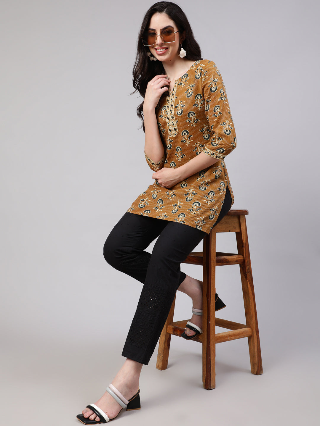 Mustard Straight Tunic With Three Quarter Sleeves