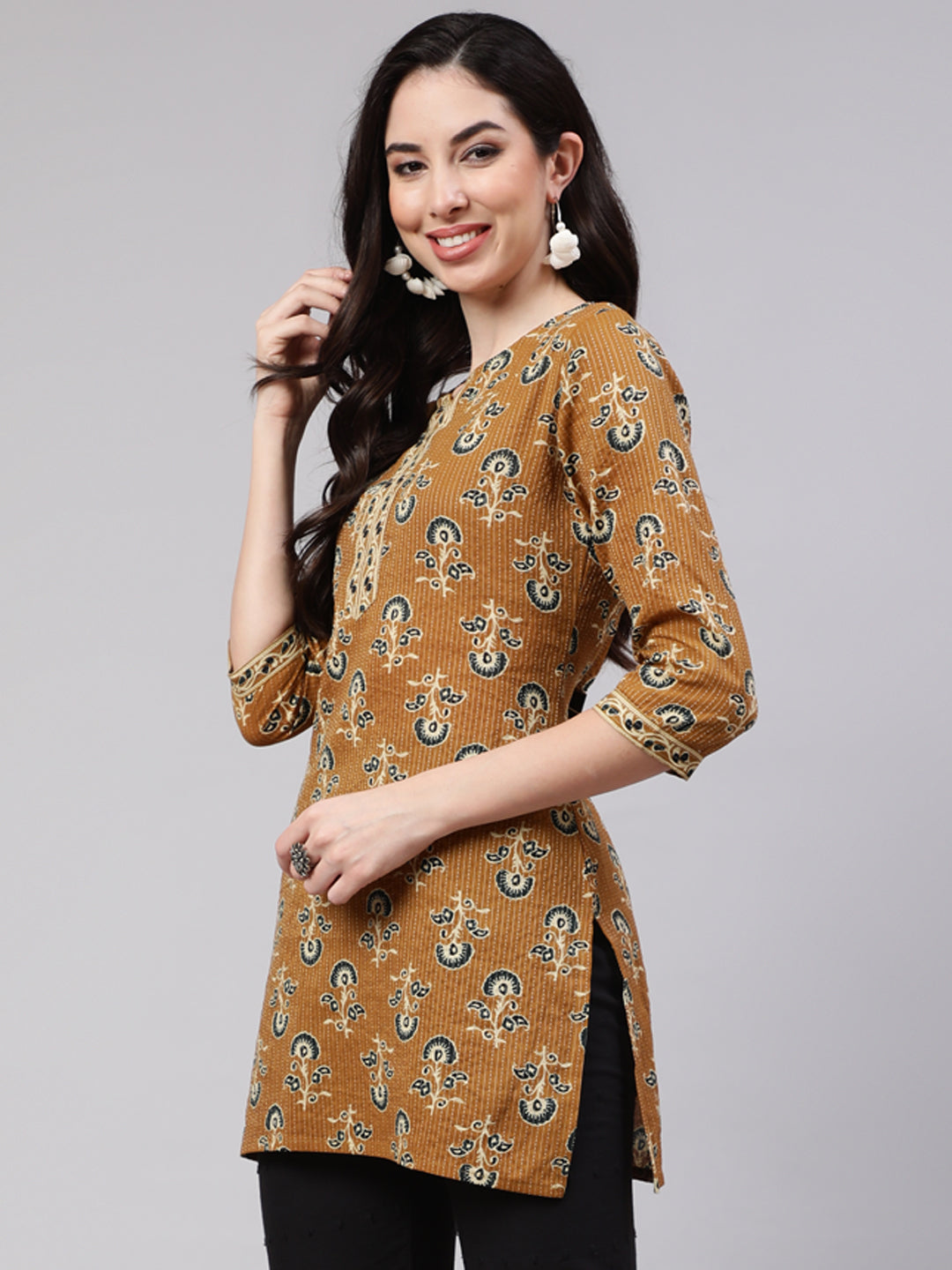 Mustard Straight Tunic With Three Quarter Sleeves