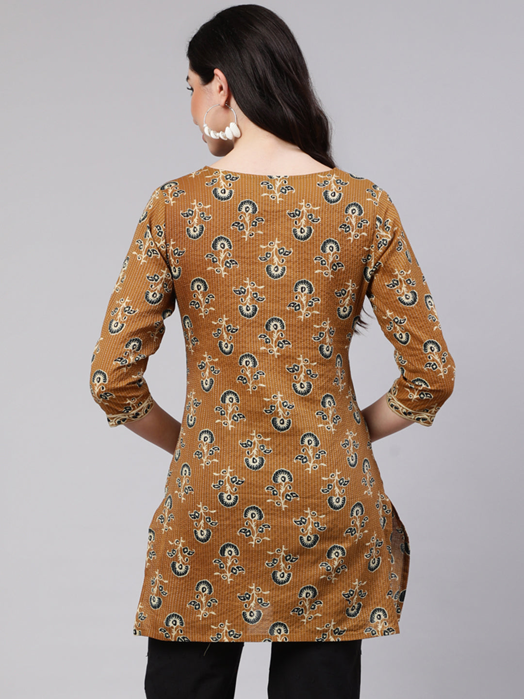 Mustard Straight Tunic With Three Quarter Sleeves